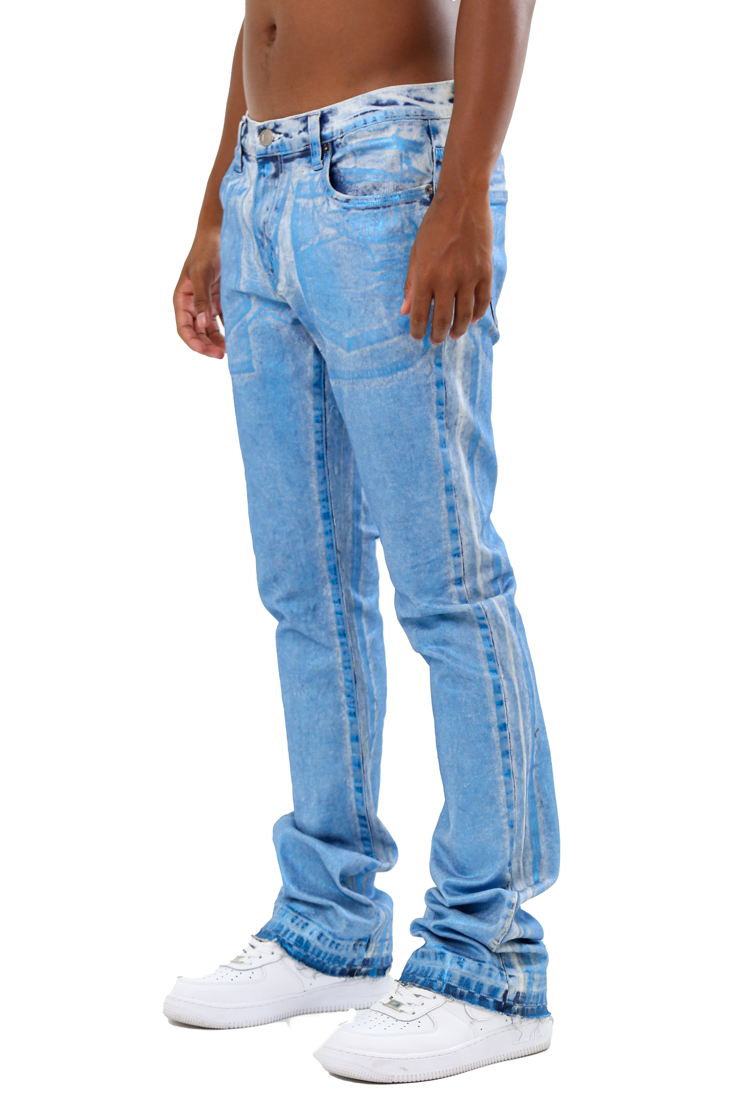 ASJ08 FOIL WASH STACKED JEANS with mid-rise, five-pocket design, shown on model, featuring stretchy cotton fabric and zipper fly closure.
