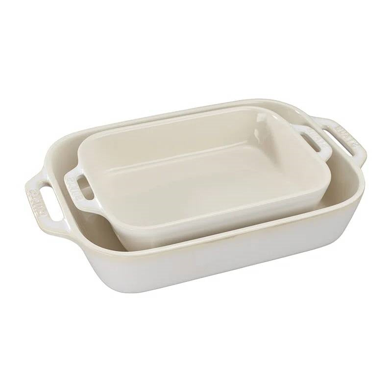 2 Piece Ceramic Stoneware Baking Dish Set in Ivory Cream Beige, includes a 1.5 qt and 2.5 qt dish, oven-safe, non-stick, kitchen essential.