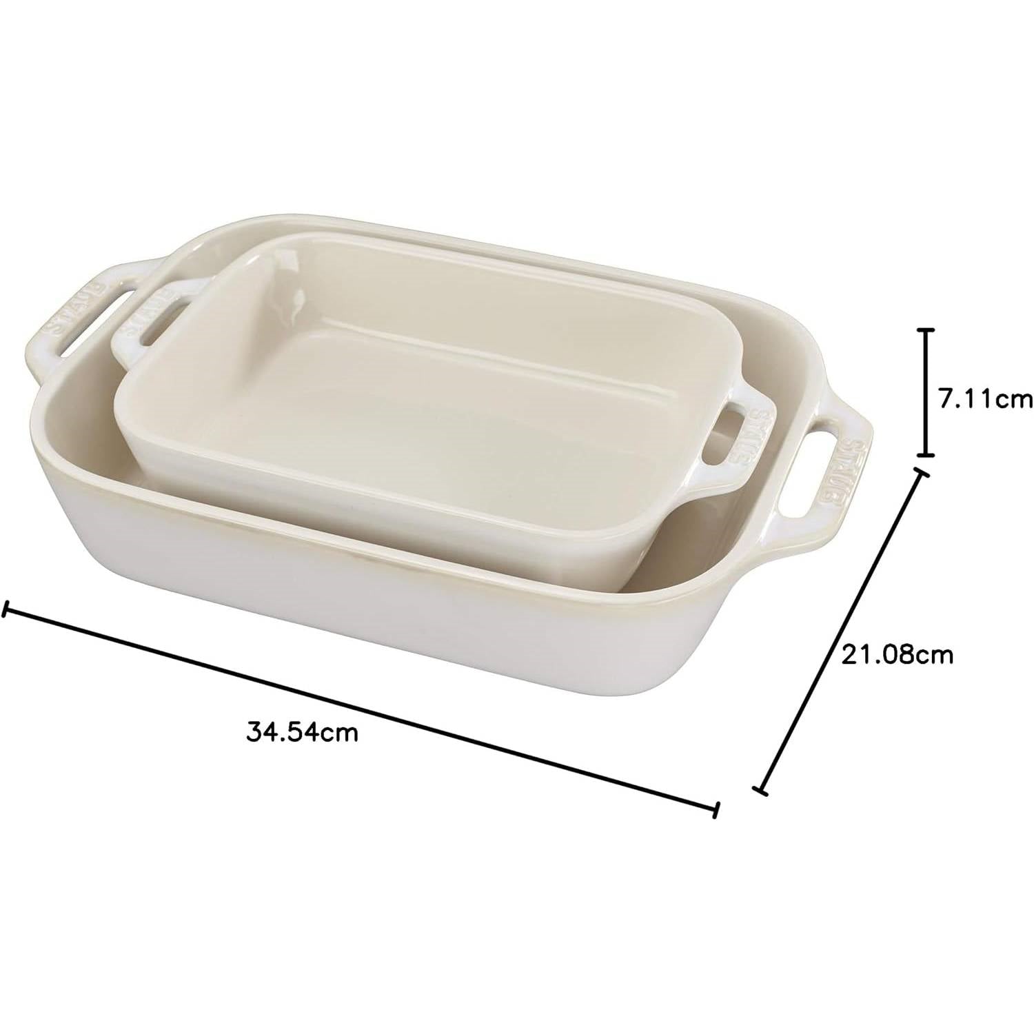 2 Piece Ceramic Stoneware Baking Dish Set in Ivory Cream Beige with dimensions for kitchen baking