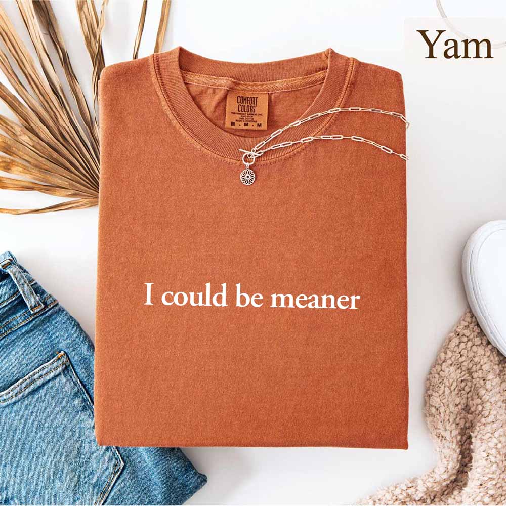 I Could Be Meaner Funny Sarcastic Tee in Yam color with necklace and jeans for a trendy outfit