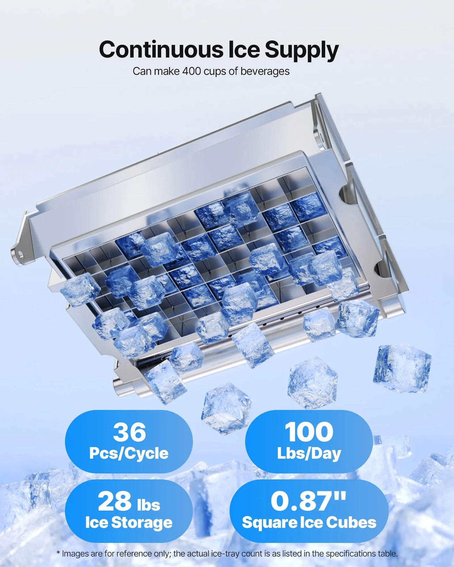 Continuous ice supply with VEVOR Commercial Ice Maker – 100 lbs/24h, 28 lb Storage showcasing ice cube production and storage info.
