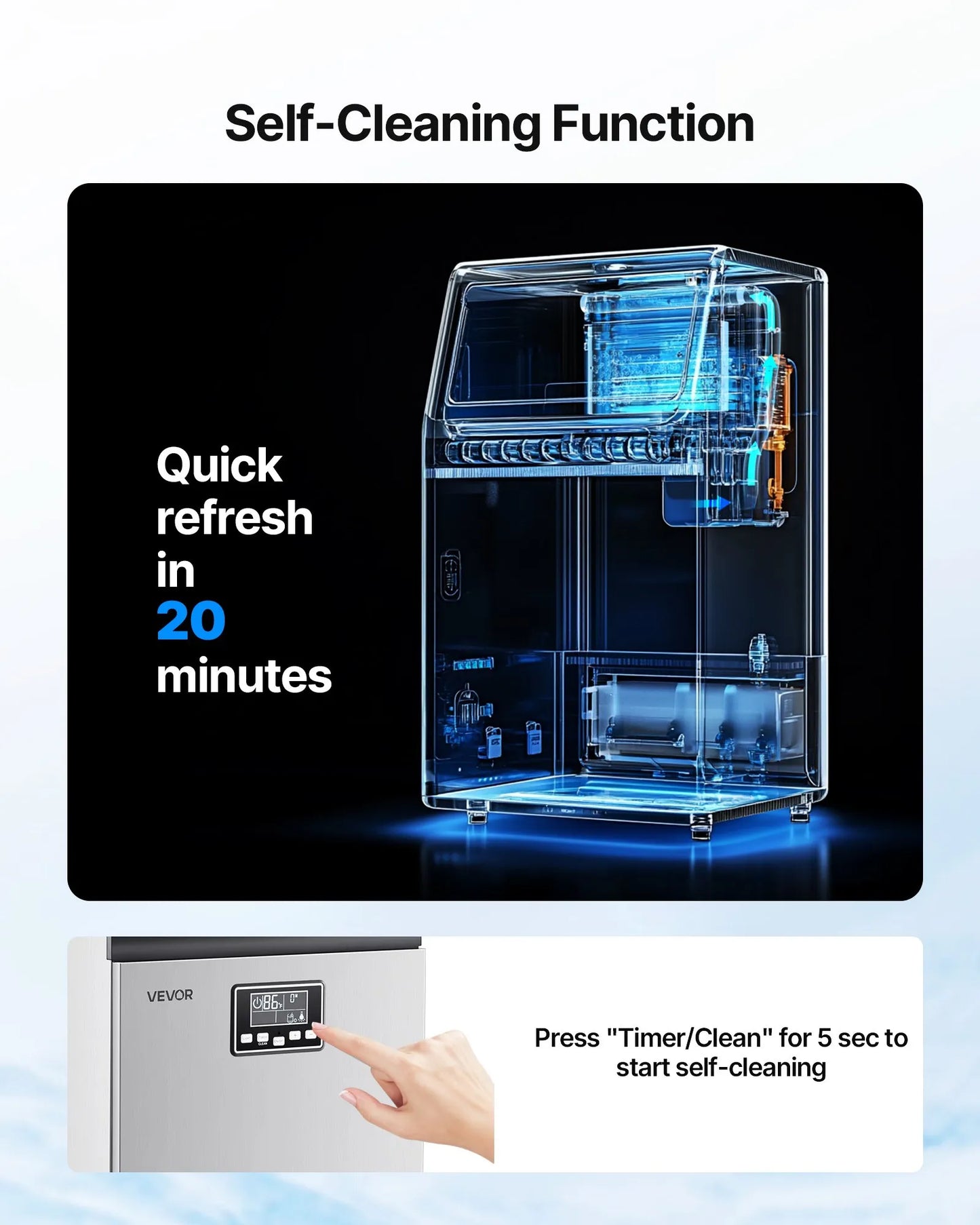 Diagram of VEVOR Commercial Ice Maker Self-Cleaning Function with quick refresh in 20 minutes, LED panel detail shown.