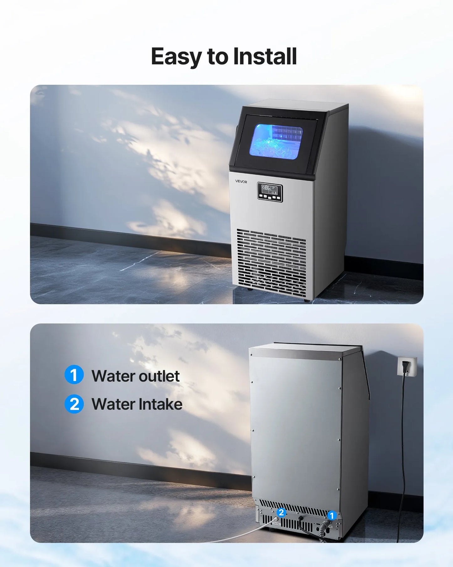 VEVOR Commercial Ice Maker – 100 lbs/24h, 28 lb Storage shown in easy installation with water outlet and intake