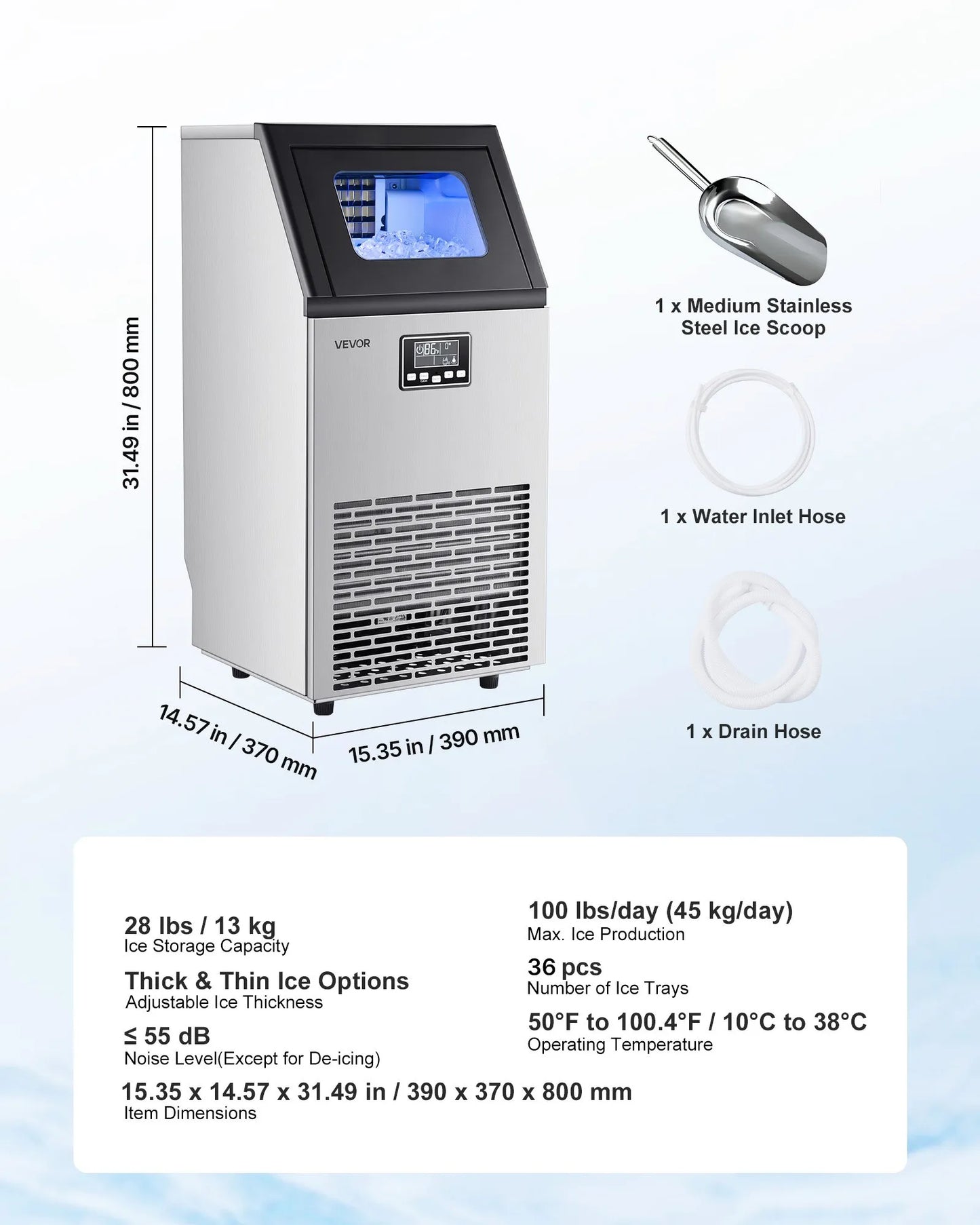 VEVOR Commercial Ice Maker – 100 lbs/24h, 28 lb Storage with intuitive LED controls and high-output production, ideal for various spaces.