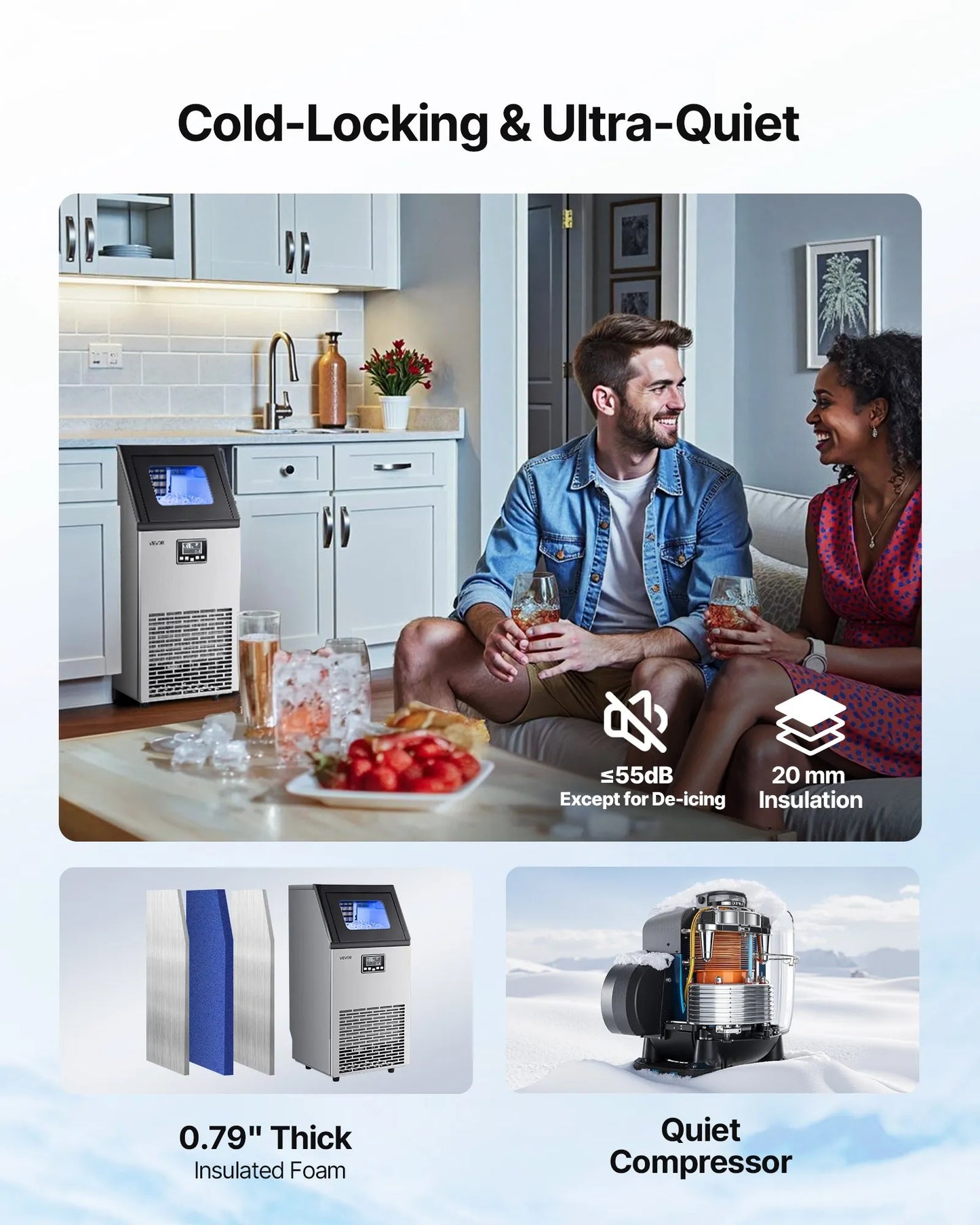 VEVOR Commercial Ice Maker – 100 lbs/24h, 28 lb Storage in a modern kitchen setting, showcasing quiet compressor and insulation features.