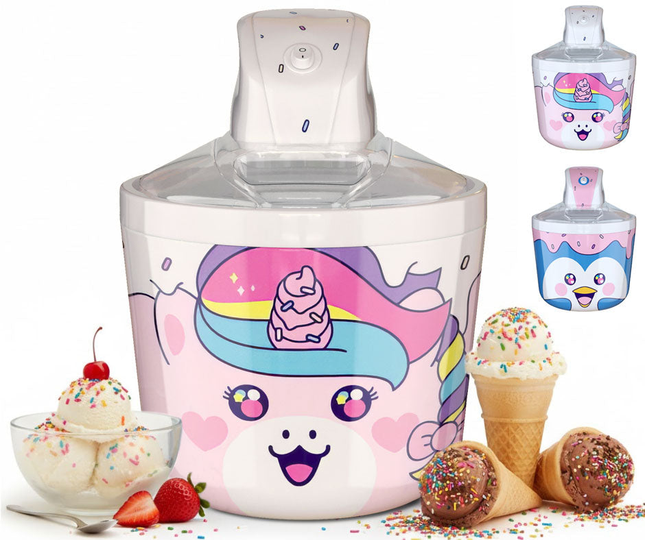 Ice Cream Maker Machine for Kids – 1.2 Quart Electric Ice Cream Makers with unicorn design in playful kitchen setting with cones and scoops.