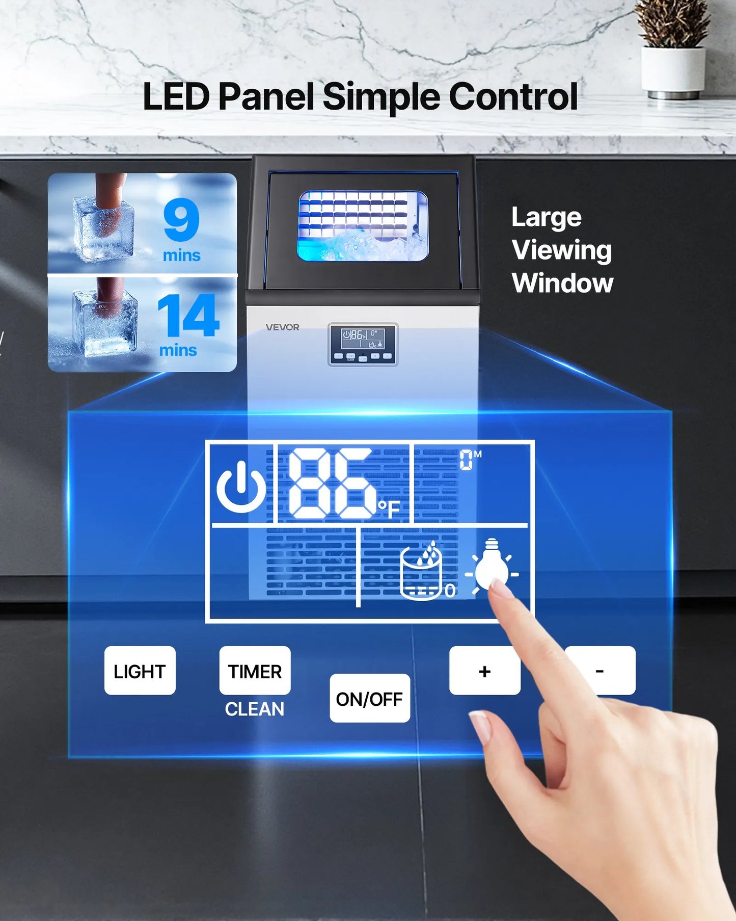 LED panel controls on VEVOR Commercial Ice Maker – 100 lbs/24h, 28 lb Storage for custom ice settings