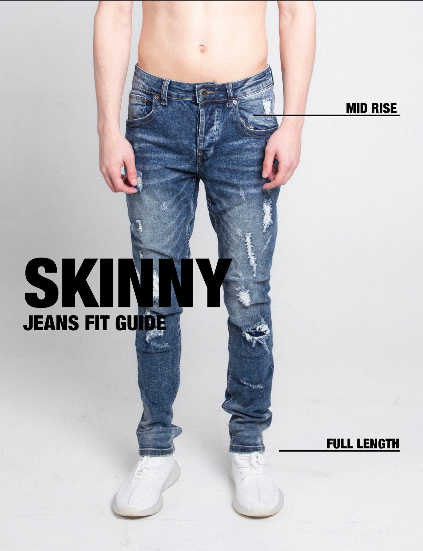 Front view of A406 CASUAL DISTRESSED SKINNY JEANS with mid rise fit and stretchy cotton fabric, showcasing style and design.