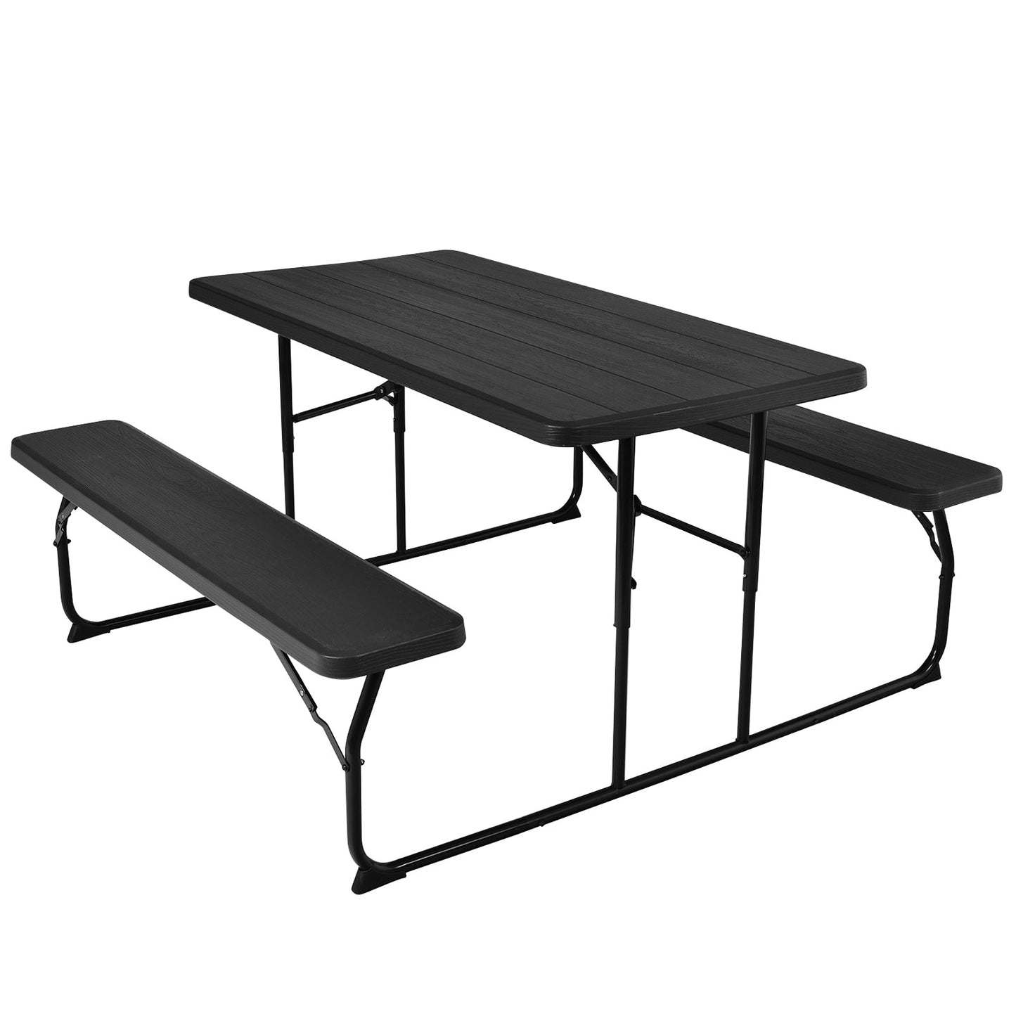 Indoor and Outdoor Folding Picnic Table Bench Set with Wood-like Texture-Black, durable and spacious for parties, foldable design.