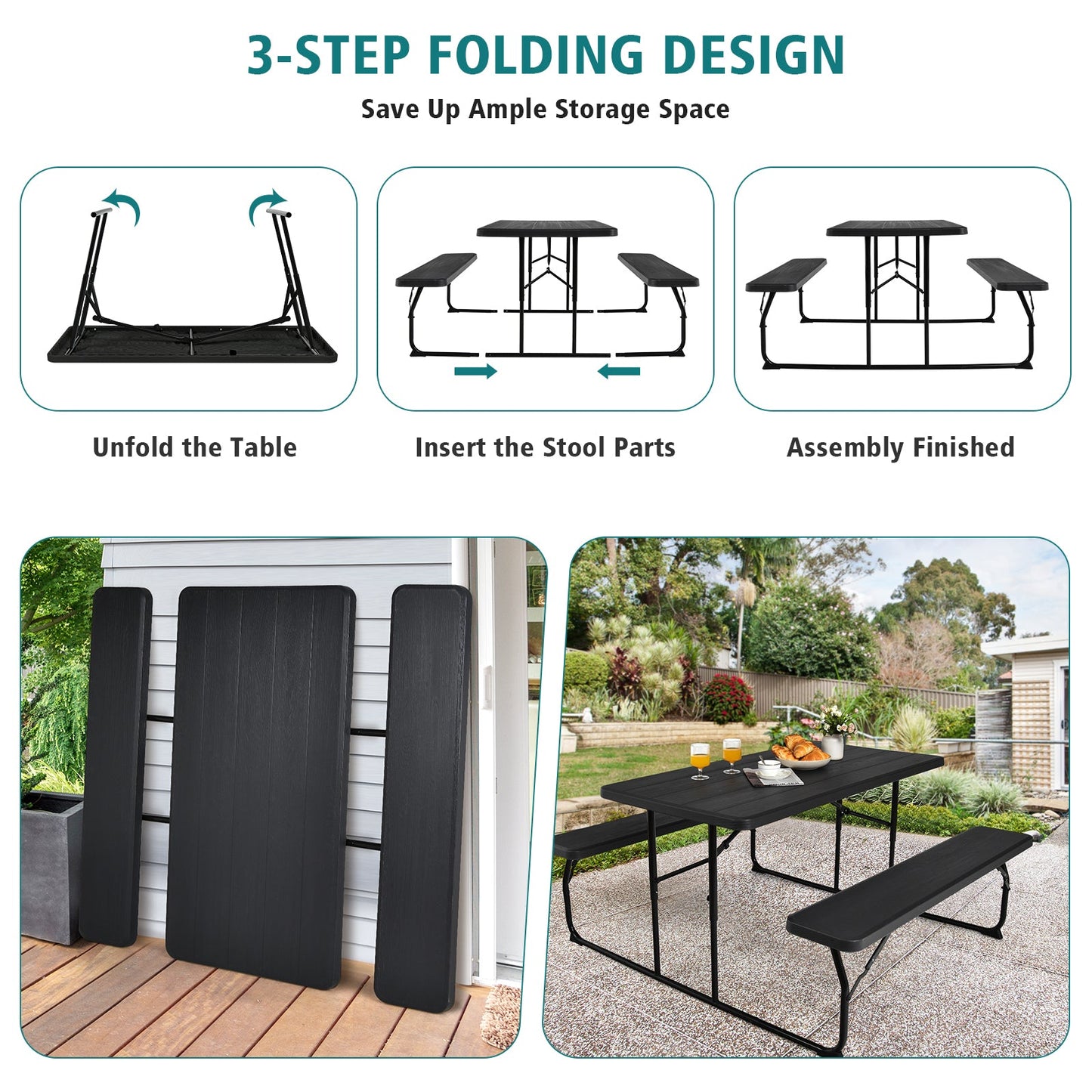 Indoor and Outdoor Folding Picnic Table Bench Set with Wood-like Texture-Black showing folding design and assembly steps