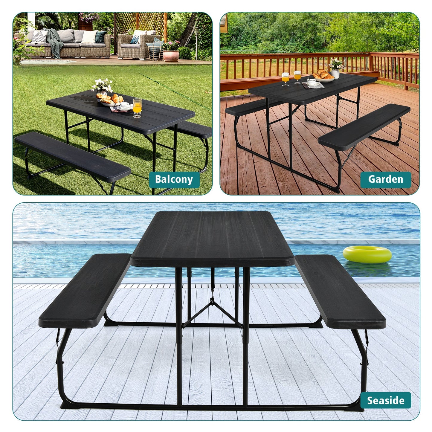 Indoor and Outdoor Folding Picnic Table Bench Set with Wood-like Texture-Black on balcony, garden, seaside
