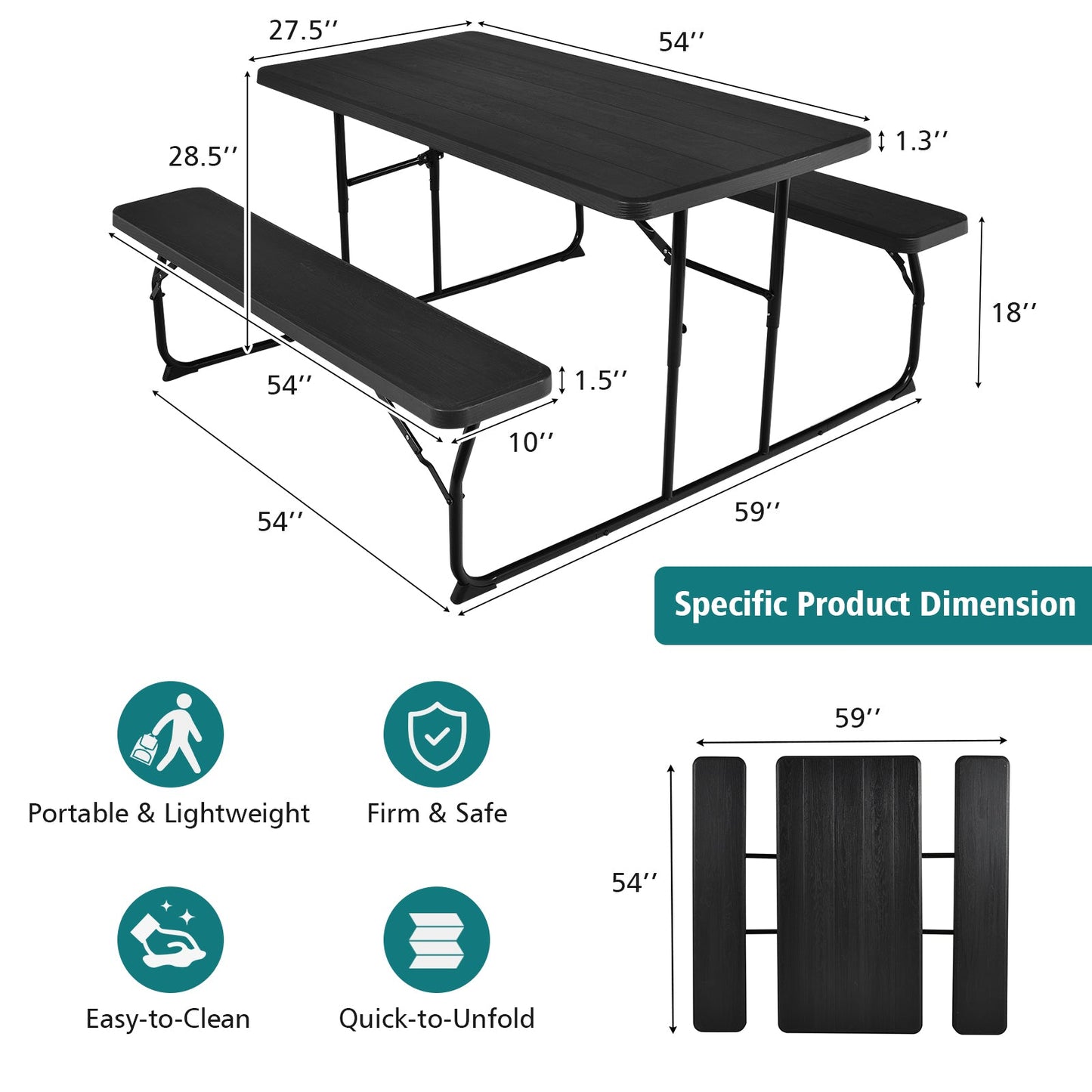 Indoor and Outdoor Folding Picnic Table Bench Set with Wood-like Texture-Black dimensions and features displayed.