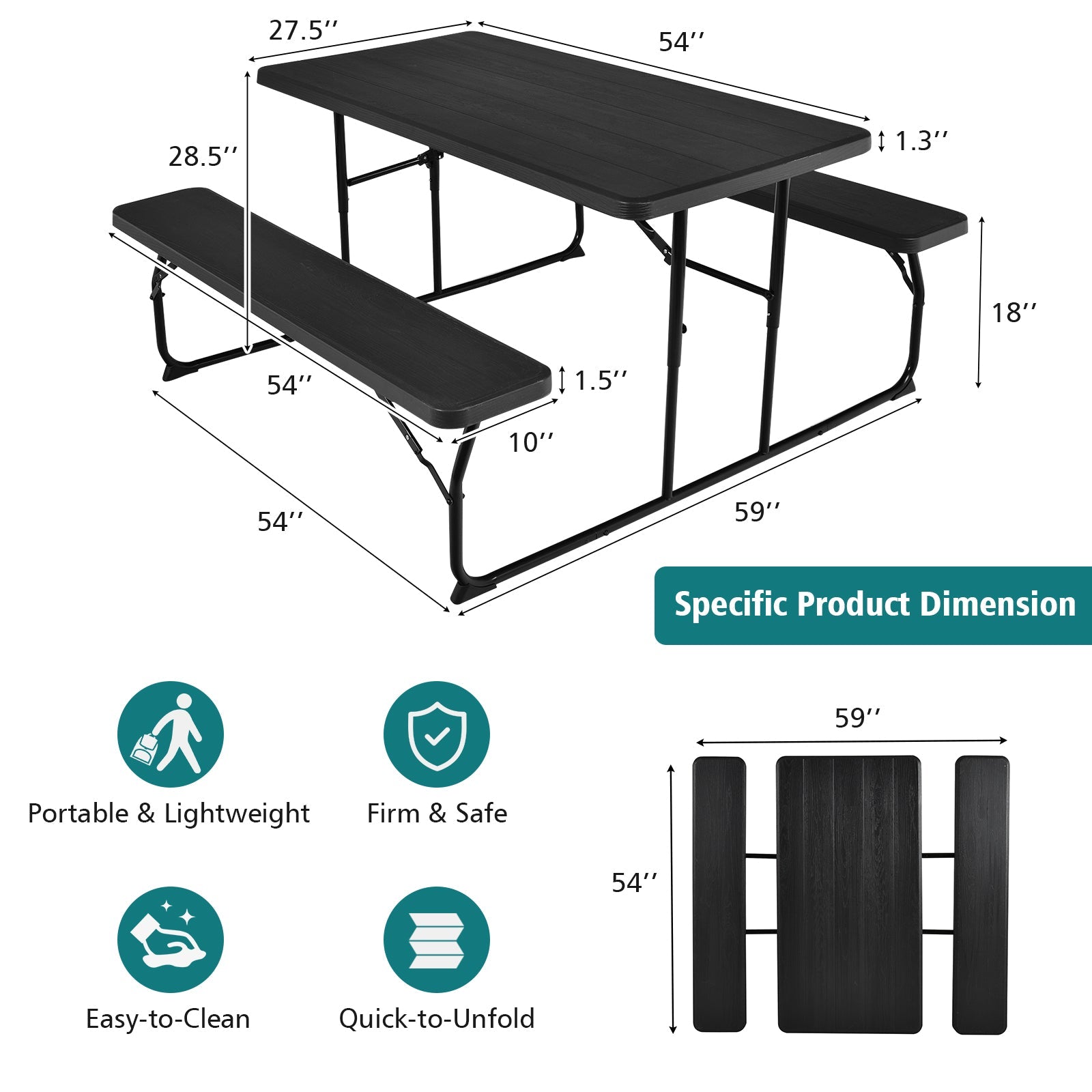 Indoor and Outdoor Folding Picnic Table Bench Set with Wood-like Texture-Black dimensions and features displayed.