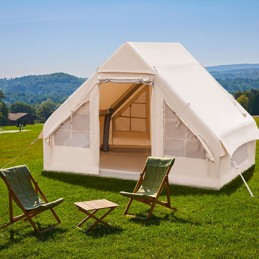 Inflatable Camping Tent 2/4/6 People Glamping Tent for Family Camping with Pump-Beige set up in a scenic outdoor environment