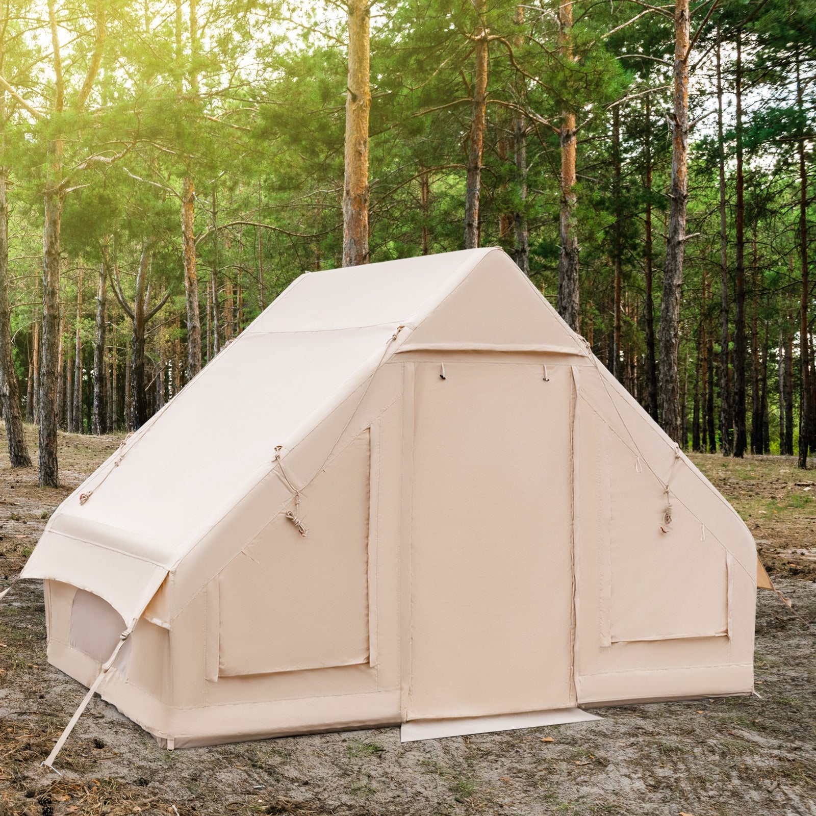 Inflatable Camping Tent 2/4/6 People Glamping Tent for Family Camping with Pump-Beige in a forest setting