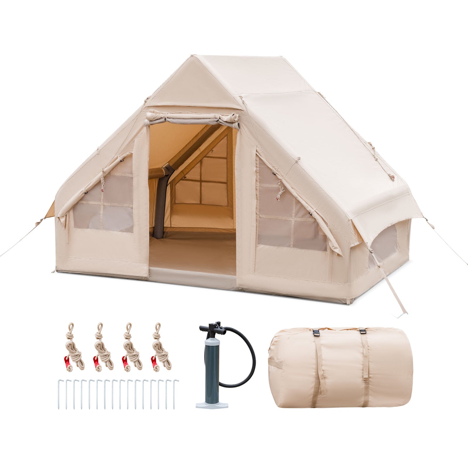 Inflatable Camping Tent 2/4/6 People Glamping Tent for Family Camping with Pump-Beige, easy setup, includes pump and accessories.