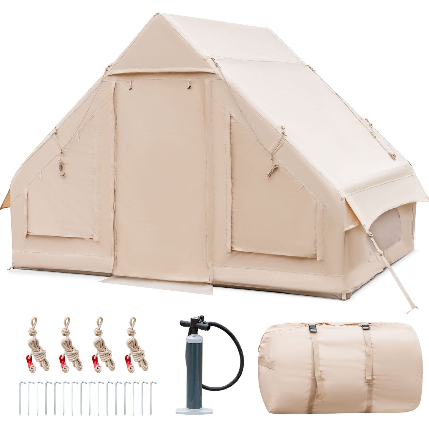 Inflatable Camping Tent 2/4/6 People Glamping Tent for Family Camping with Pump-Beige, shown with pump and accessories.