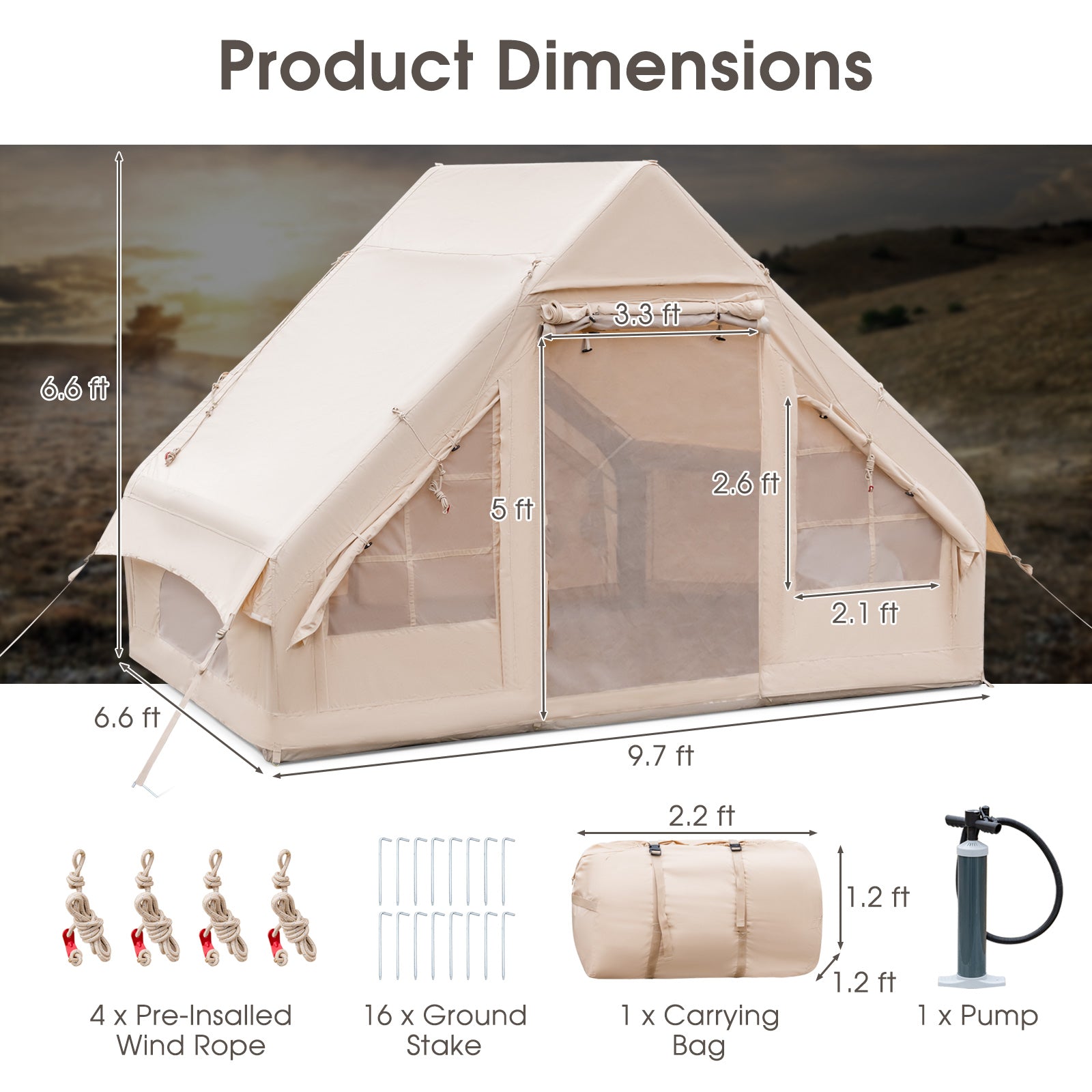 Product dimensions of Inflatable Camping Tent 2/4/6 People Glamping Tent for Family Camping with Pump-Beige showing size and accessories.