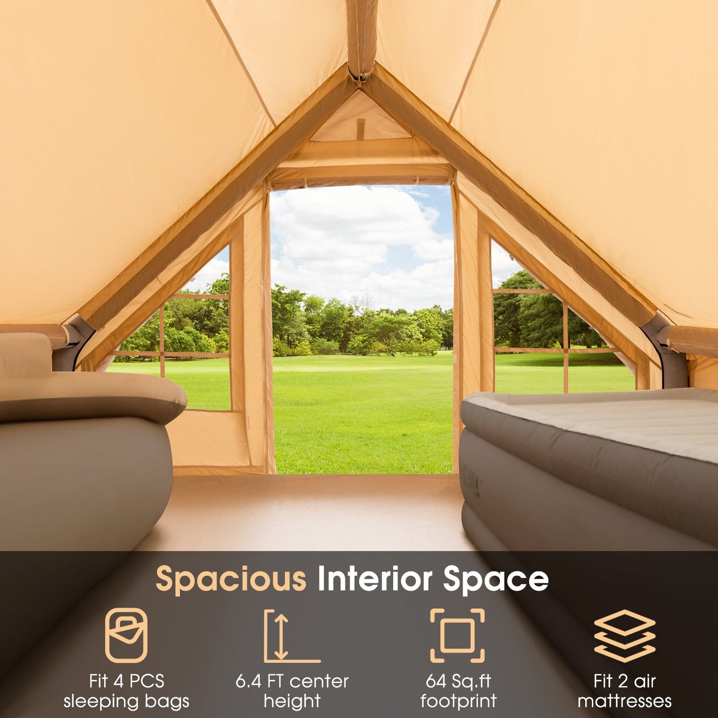 Spacious interior of Inflatable Camping Tent 2/4/6 People Glamping Tent for Family Camping with Pump-Beige, showing ample sleeping space.