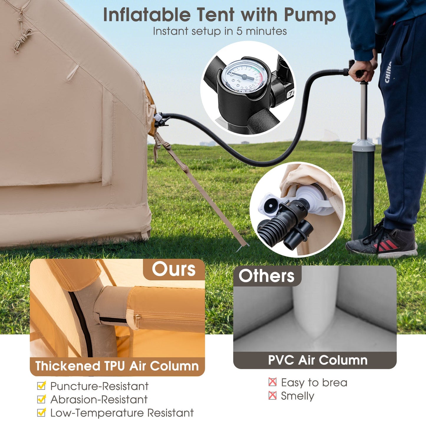 Inflatable Camping Tent 2/4/6 People Glamping Tent for Family Camping with Pump-Beige with puncture-resistant TPU air column and manual pump.