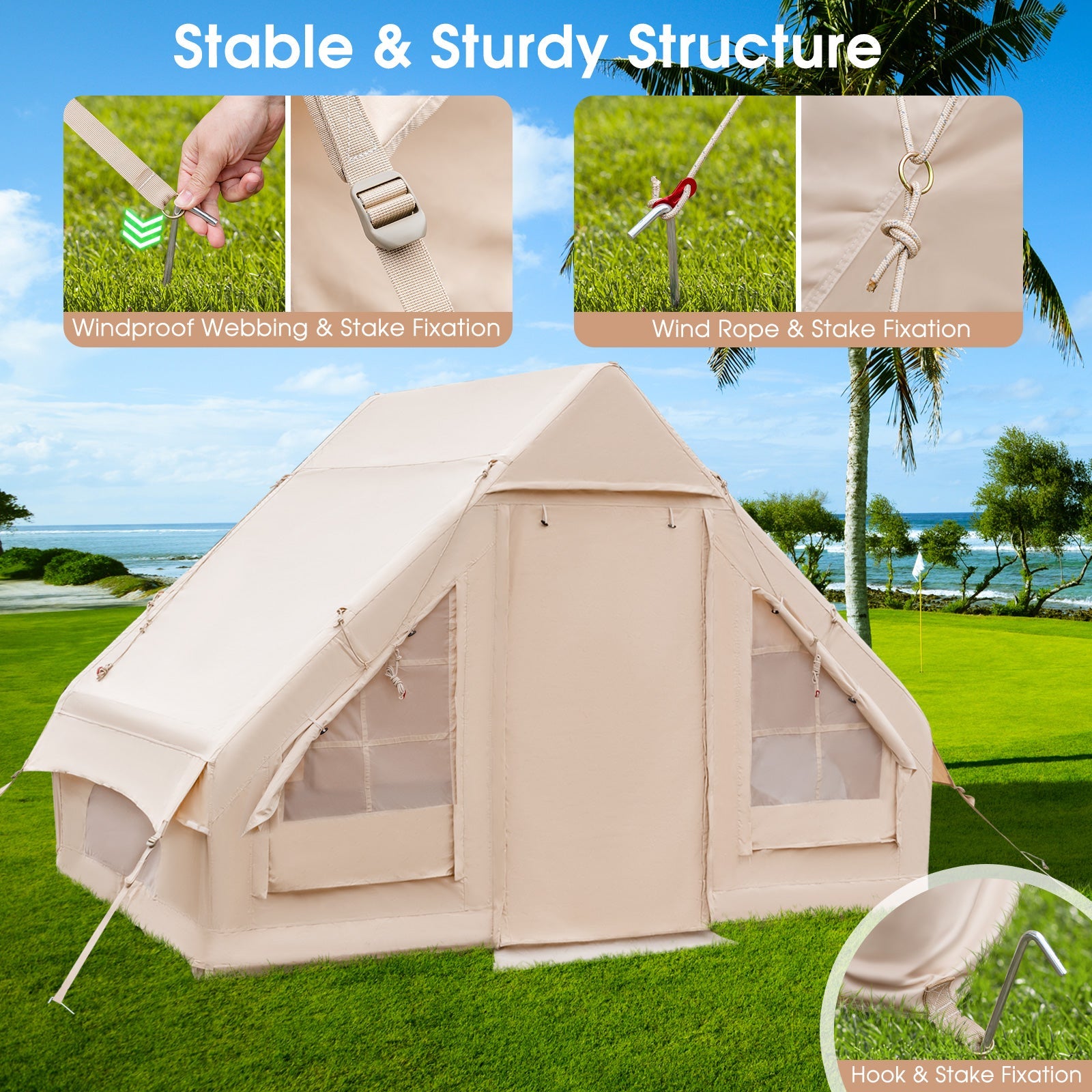 Inflatable Camping Tent 2/4/6 People Glamping Tent for Family Camping with Pump-Beige shown with secure setup features