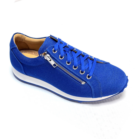 WesTees Lienza Iris eco-friendly golf and walking shoe with blue recycled fabric and leather inner, showcasing style and weather resistance.