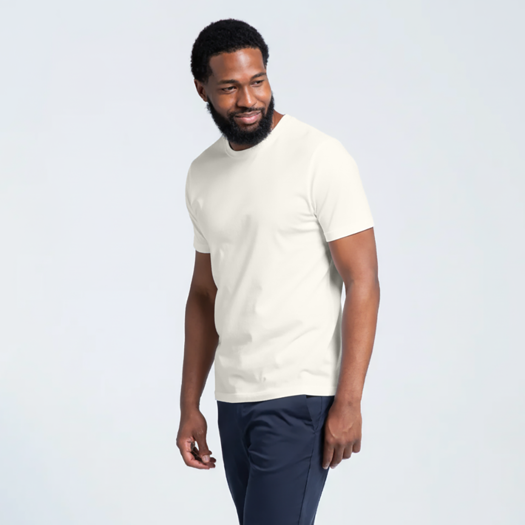 Man wearing a Short Sleeve Perfect Tee made from premium Peruvian Pima cotton, showcasing comfort and style.