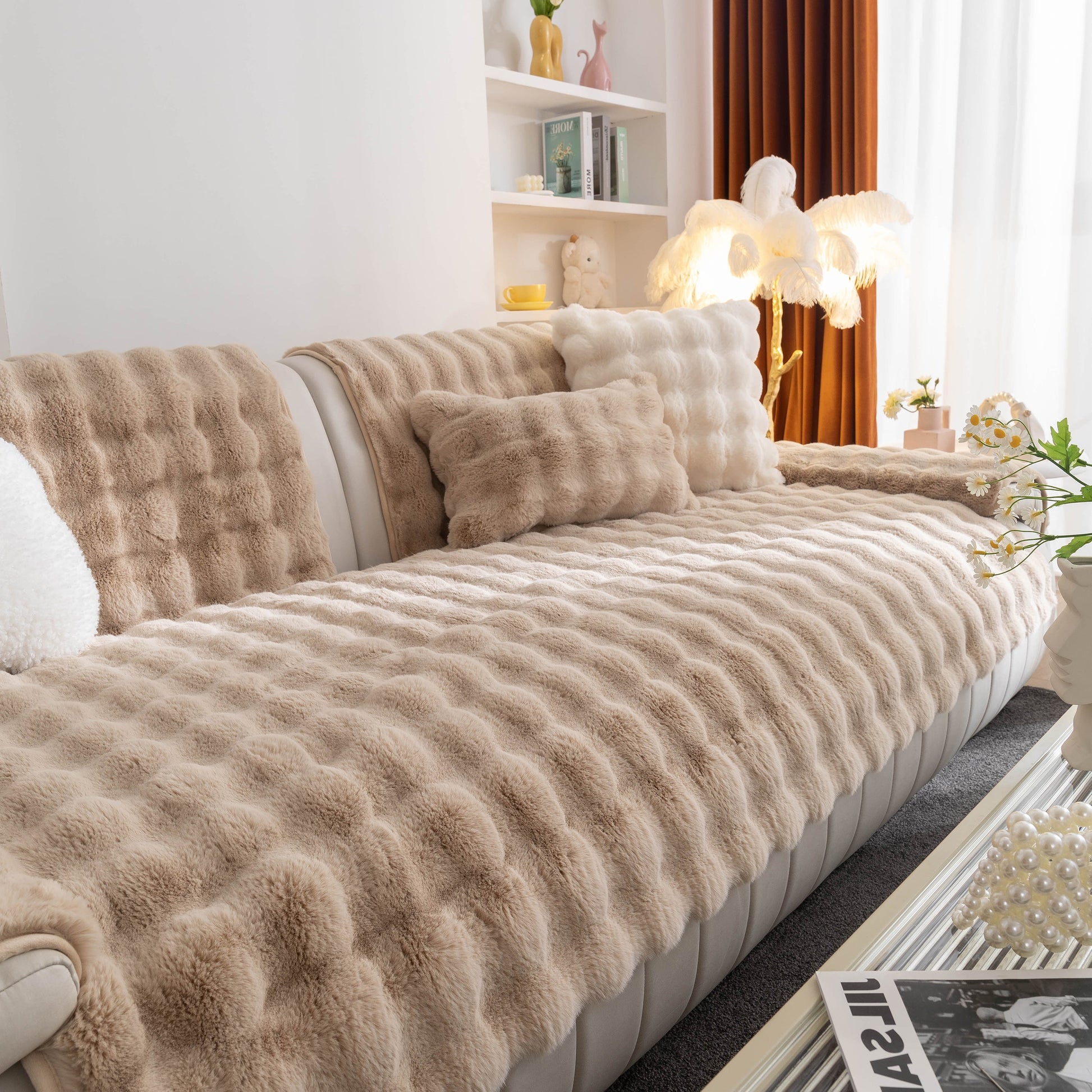 Thick Sofa Cushion Solid Color Faux Fur Fluffy Sofa Cushion Non-Slip Couch Covers in a cozy living room setting