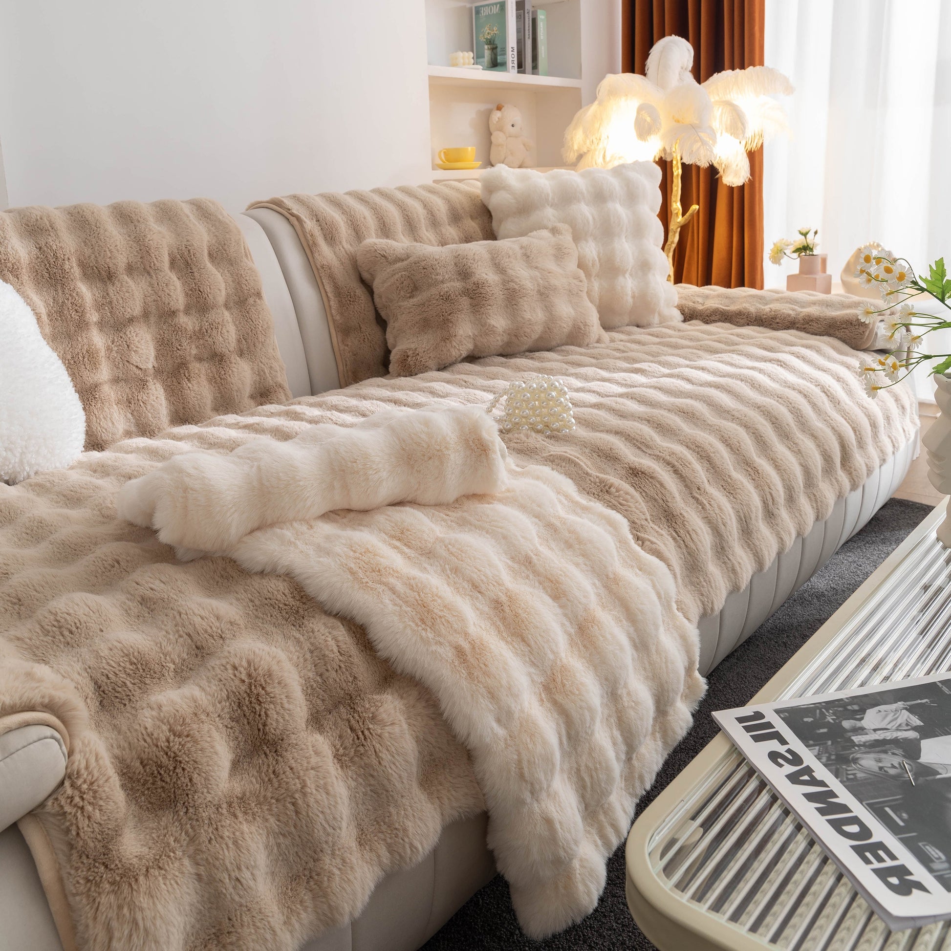 Thick Sofa Cushion Solid Color Faux Fur Fluffy Sofa Cushion Non-Slip Couch Covers in a cozy living room setting
