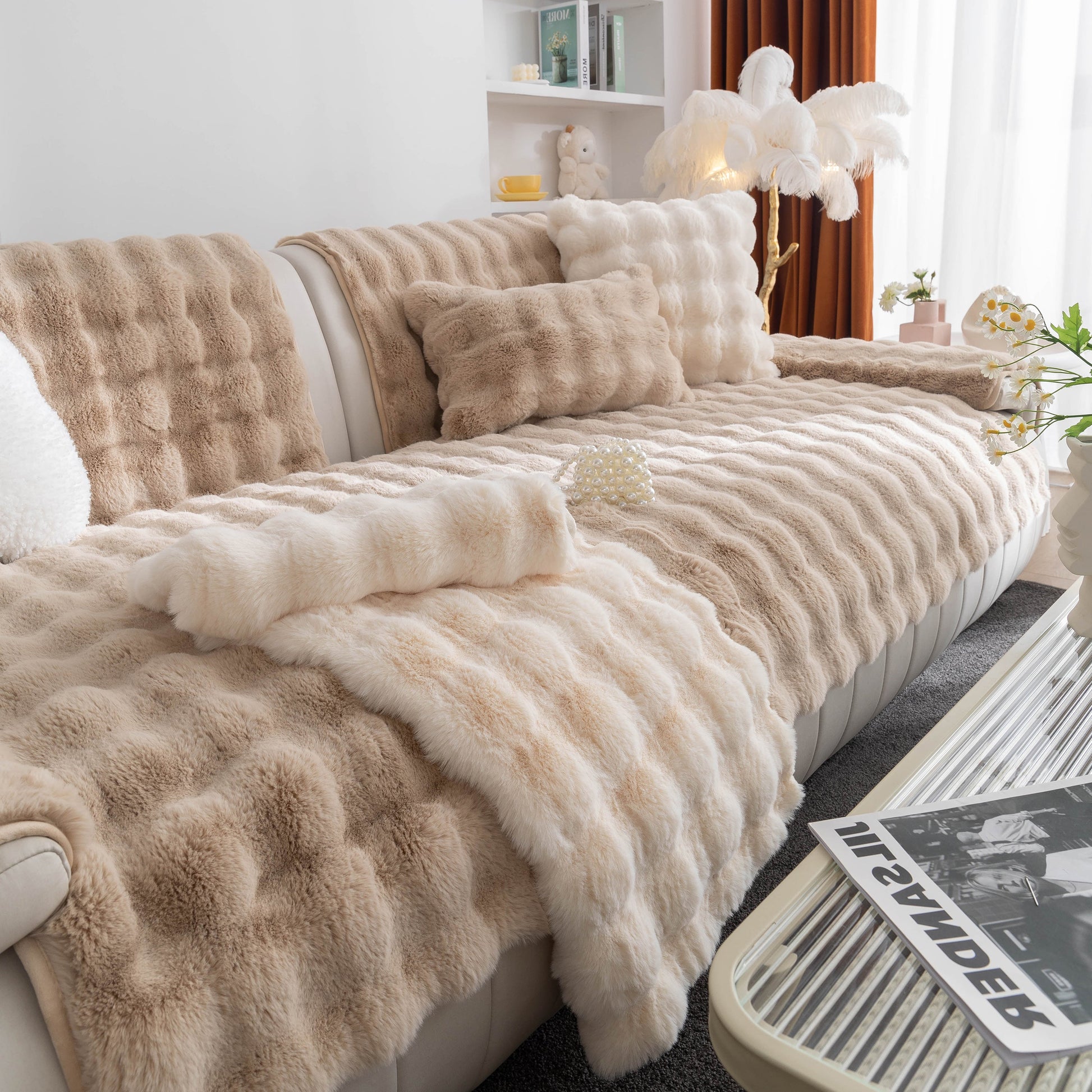 Thick Sofa Cushion Solid Color Faux Fur Fluffy Sofa Cushion Non-Slip Couch Covers on a luxurious plush sofa in a modern living room.