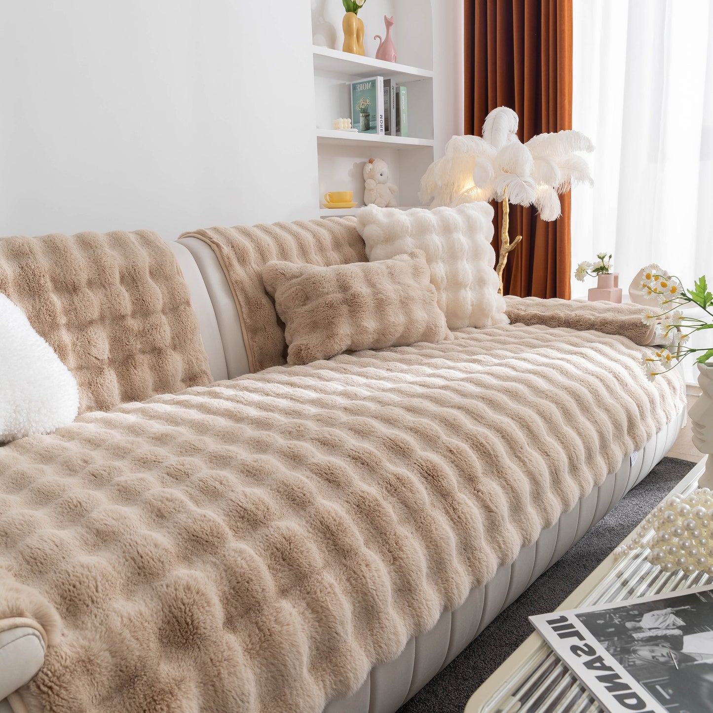 Thick Sofa Cushion Solid Color Faux Fur Fluffy Sofa Cushion Non-Slip Couch Covers in cozy living room setting