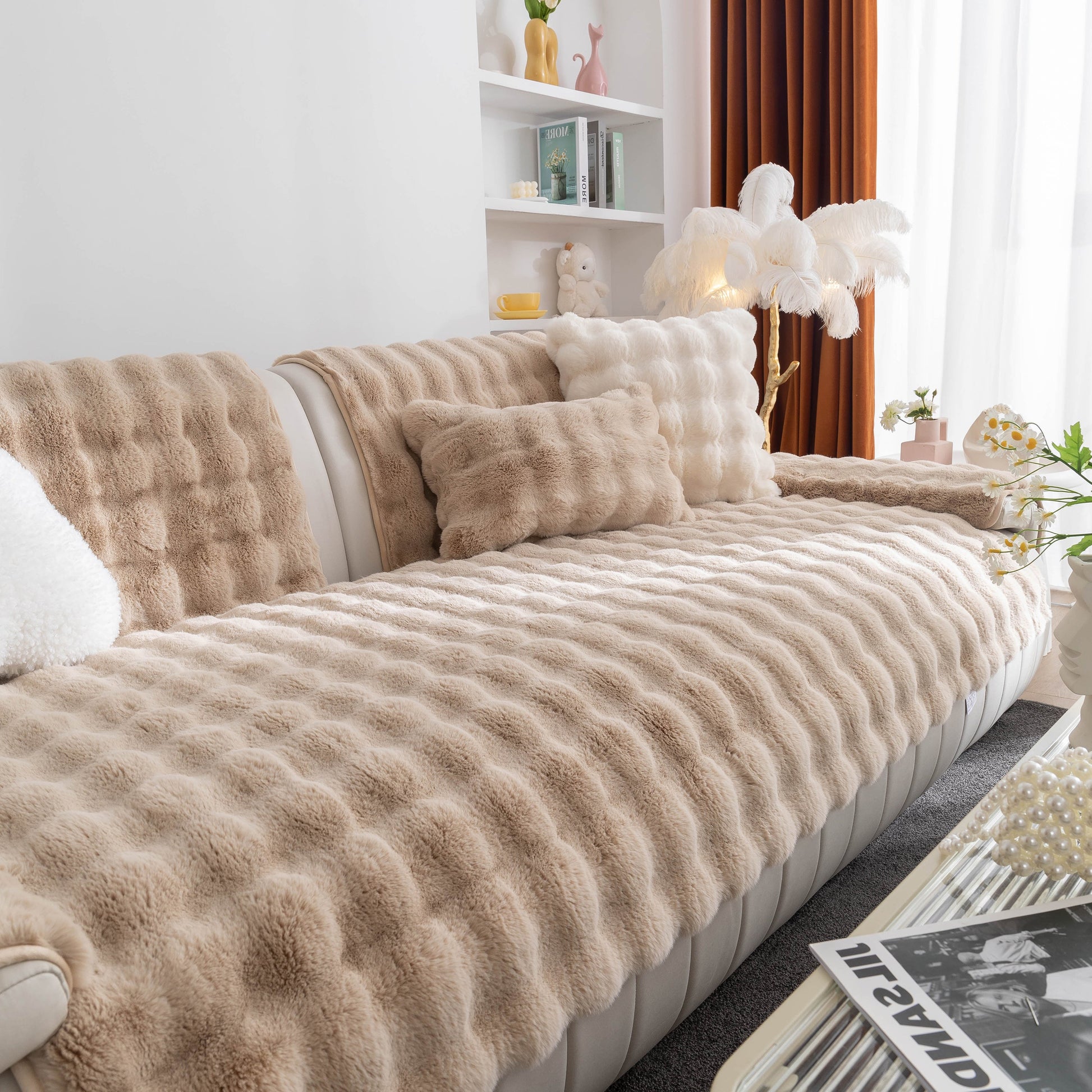 Thick Sofa Cushion Solid Color Faux Fur Fluffy Sofa Cushion Non-Slip Couch Covers in cozy living room setting
