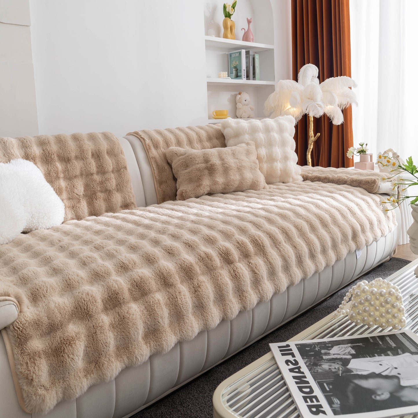 Thick Sofa Cushion Solid Color Faux Fur Fluffy Sofa Cushion Non-Slip Couch Covers in a cozy living room setting