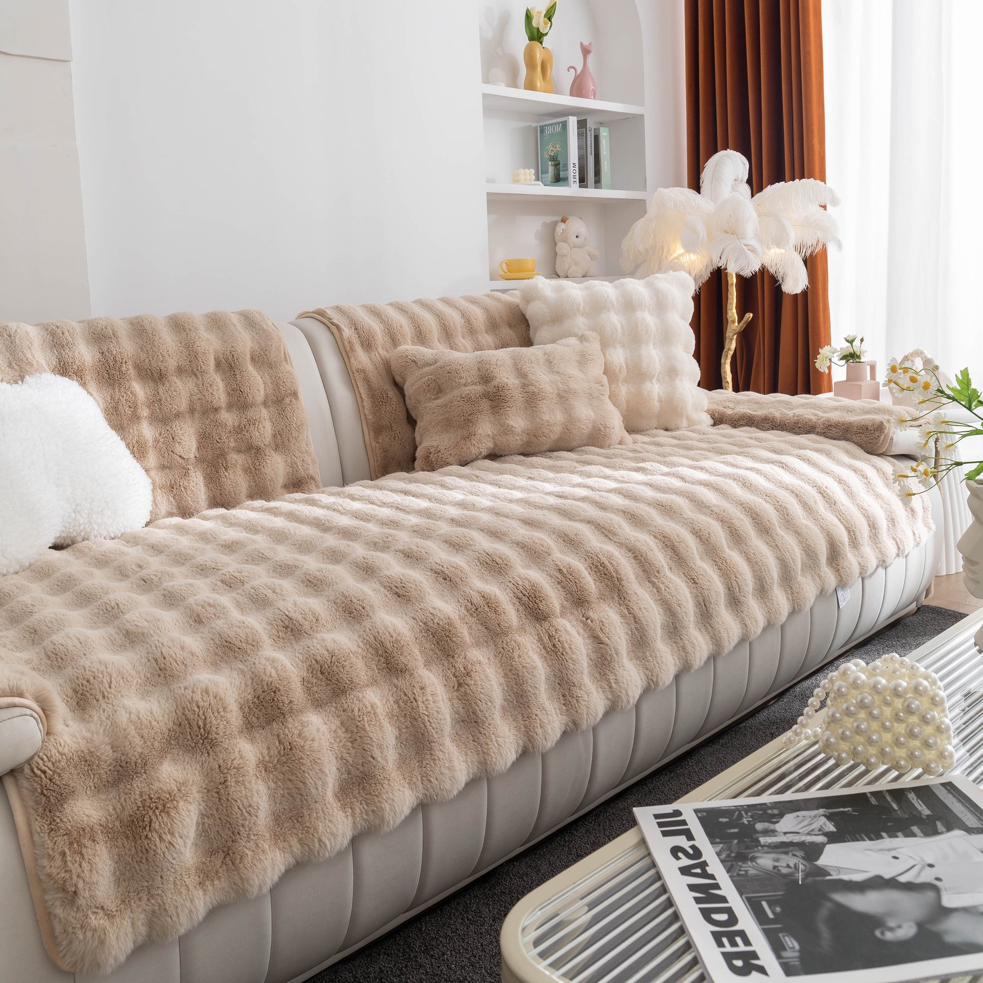 Thick Sofa Cushion Solid Color Faux Fur Fluffy Sofa Cushion Non-Slip Couch Covers in a cozy living room setting
