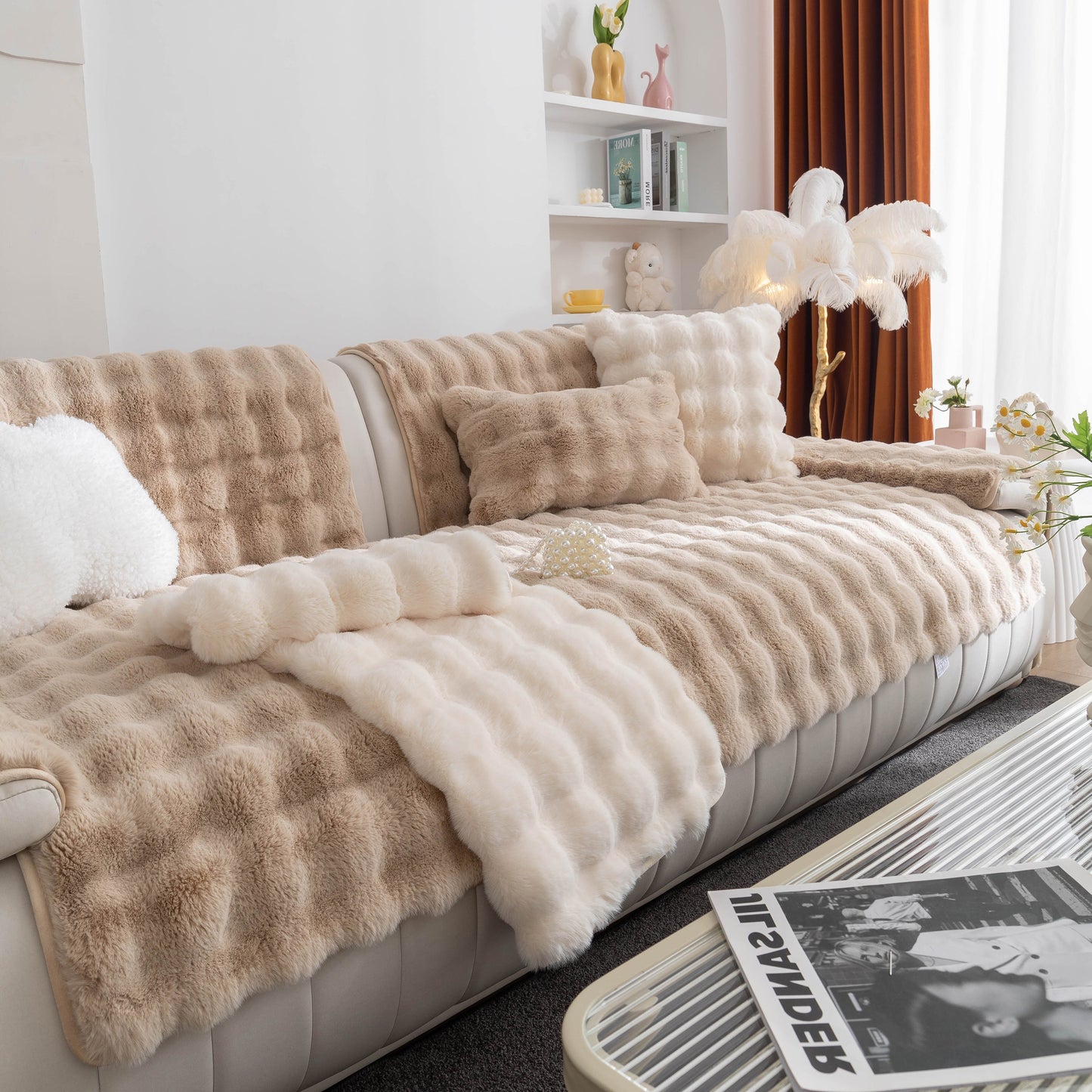 Thick Sofa Cushion Solid Color Faux Fur Fluffy Sofa Cushion Non-Slip Couch Covers on modern white sofa in elegant living room