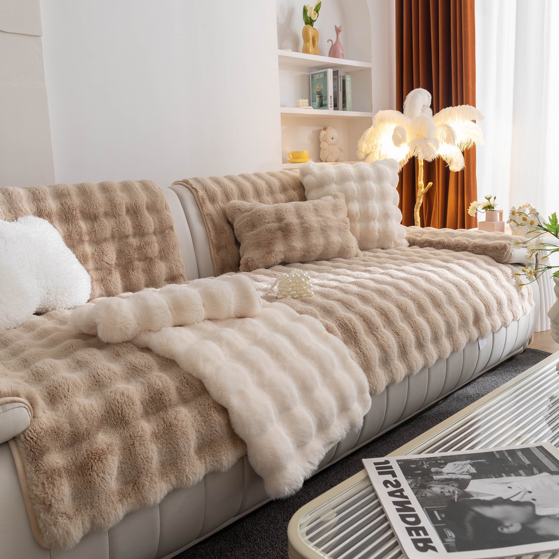 Thick Sofa Cushion Solid Color Faux Fur Fluffy Sofa Cushion Non-Slip Couch Covers on white leather couch in modern living room.