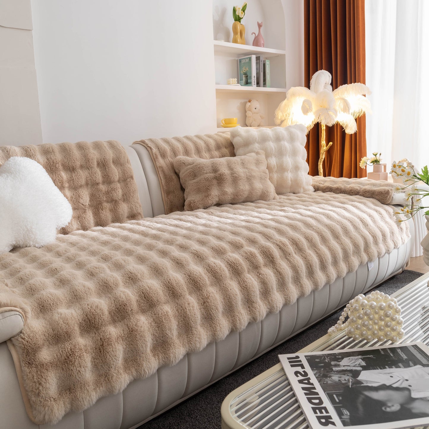 Thick Sofa Cushion Solid Color Faux Fur Fluffy Sofa Cushion Non-Slip Couch Covers in a cozy living room setting.