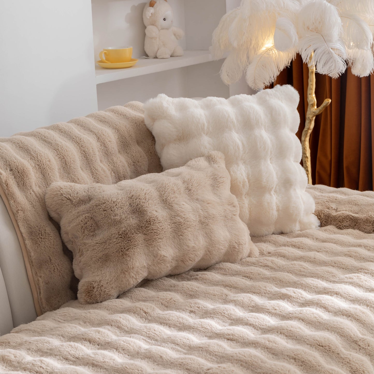 Thick Sofa Cushion Solid Color Faux Fur Fluffy Sofa Cushion Non-Slip Couch Covers on a beige sofa