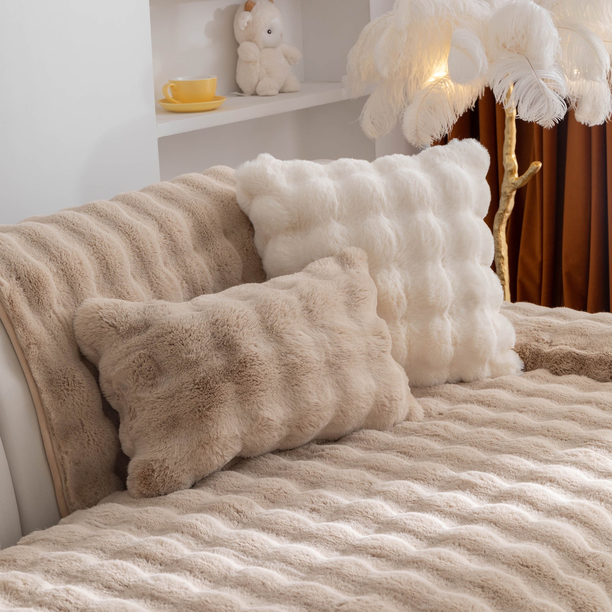 Thick Sofa Cushion Solid Color Faux Fur Fluffy Sofa Cushion Non-Slip Couch Covers on a beige sofa