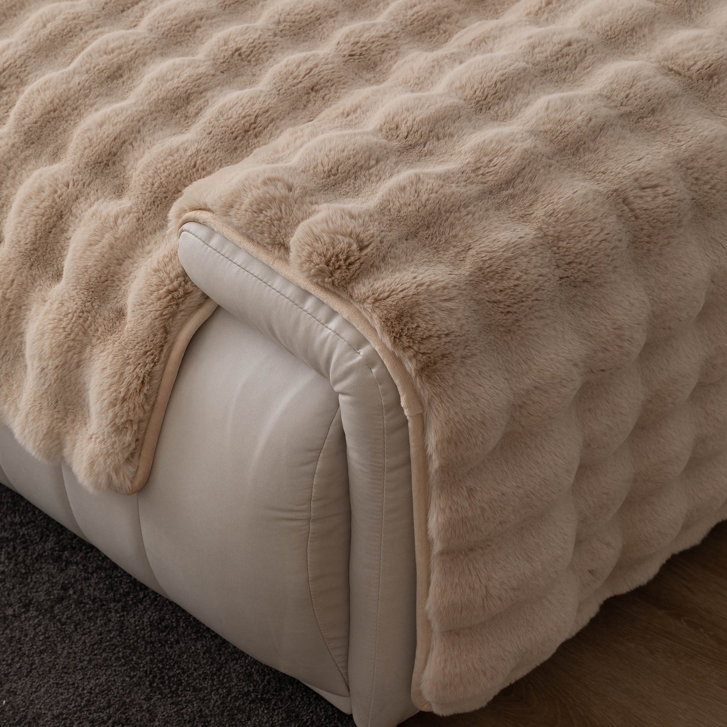Thick Sofa Cushion Solid Color Faux Fur Fluffy Sofa Cushion Non-Slip Couch Covers in beige on white leather sofa