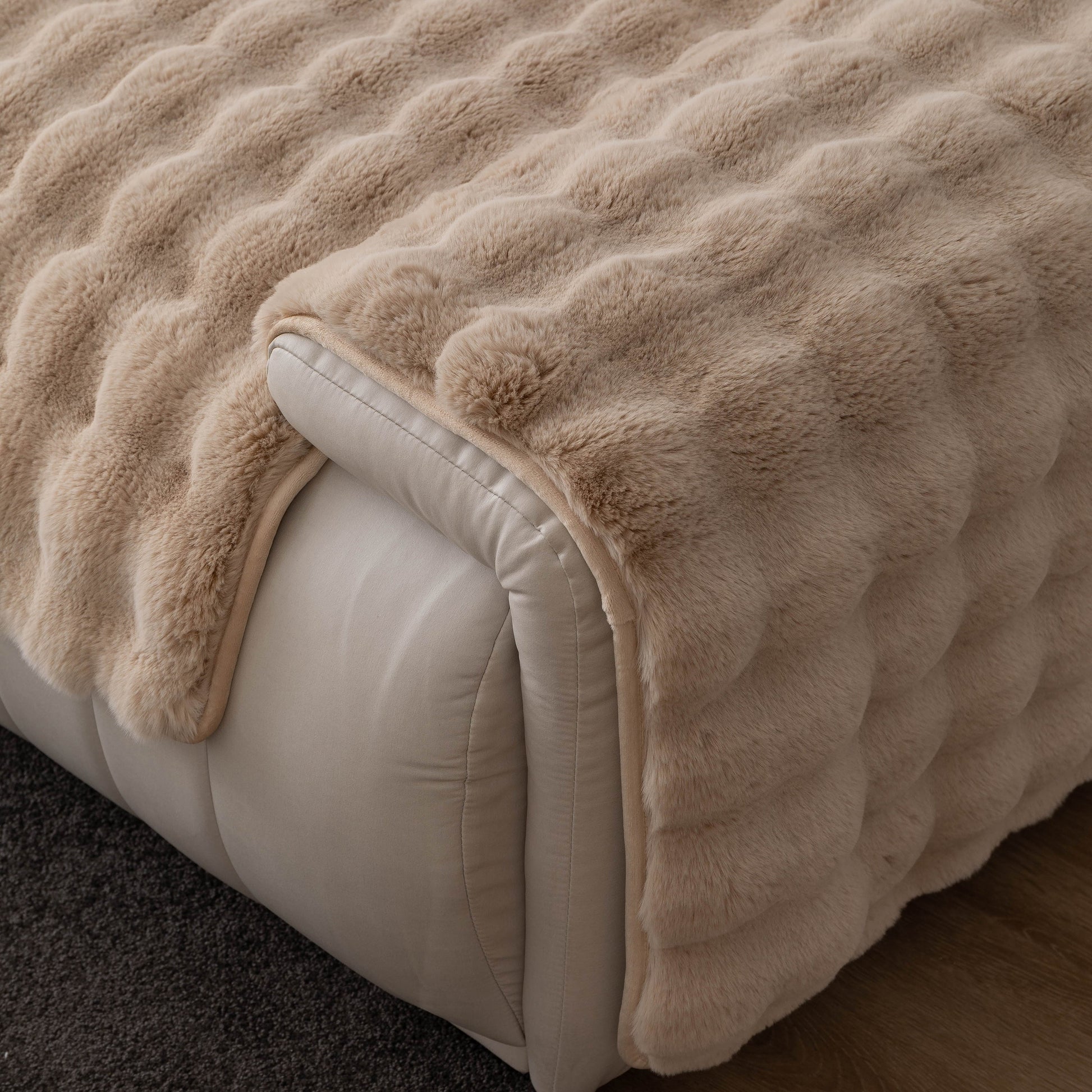 Thick Sofa Cushion Solid Color Faux Fur Fluffy Sofa Cushion Non-Slip Couch Covers in beige on white leather sofa
