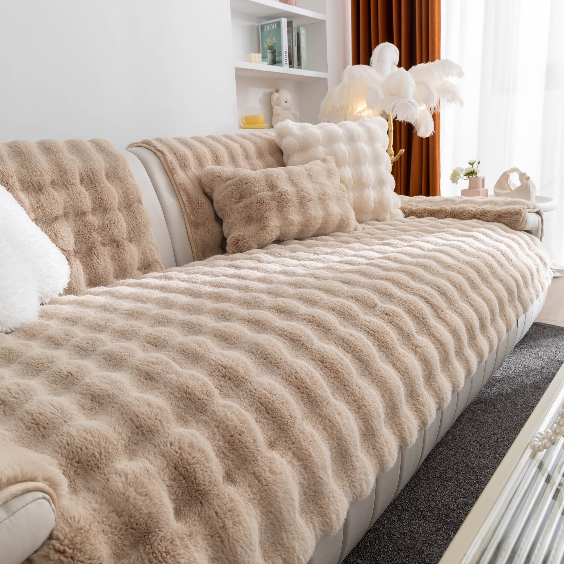 Thick Sofa Cushion Solid Color Faux Fur Fluffy Sofa Cushion Non-Slip Couch Covers in a living room setting with plush decor.