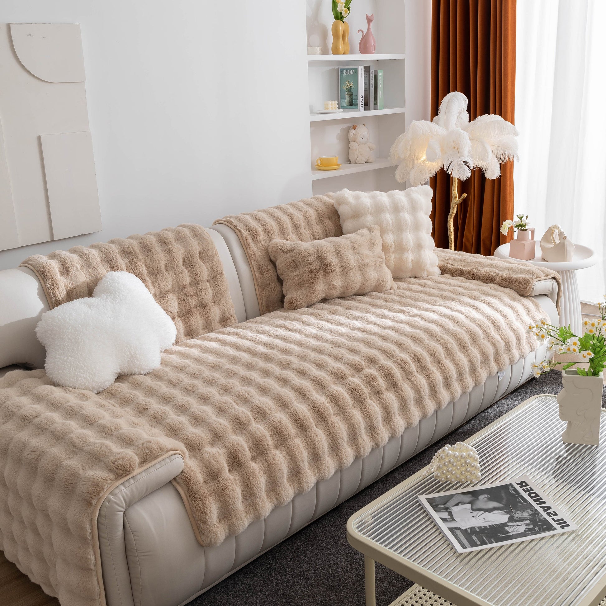 Thick Sofa Cushion Solid Color Faux Fur Fluffy Sofa Cushion Non-Slip Couch Covers enhancing a cozy living room with plush comfort.