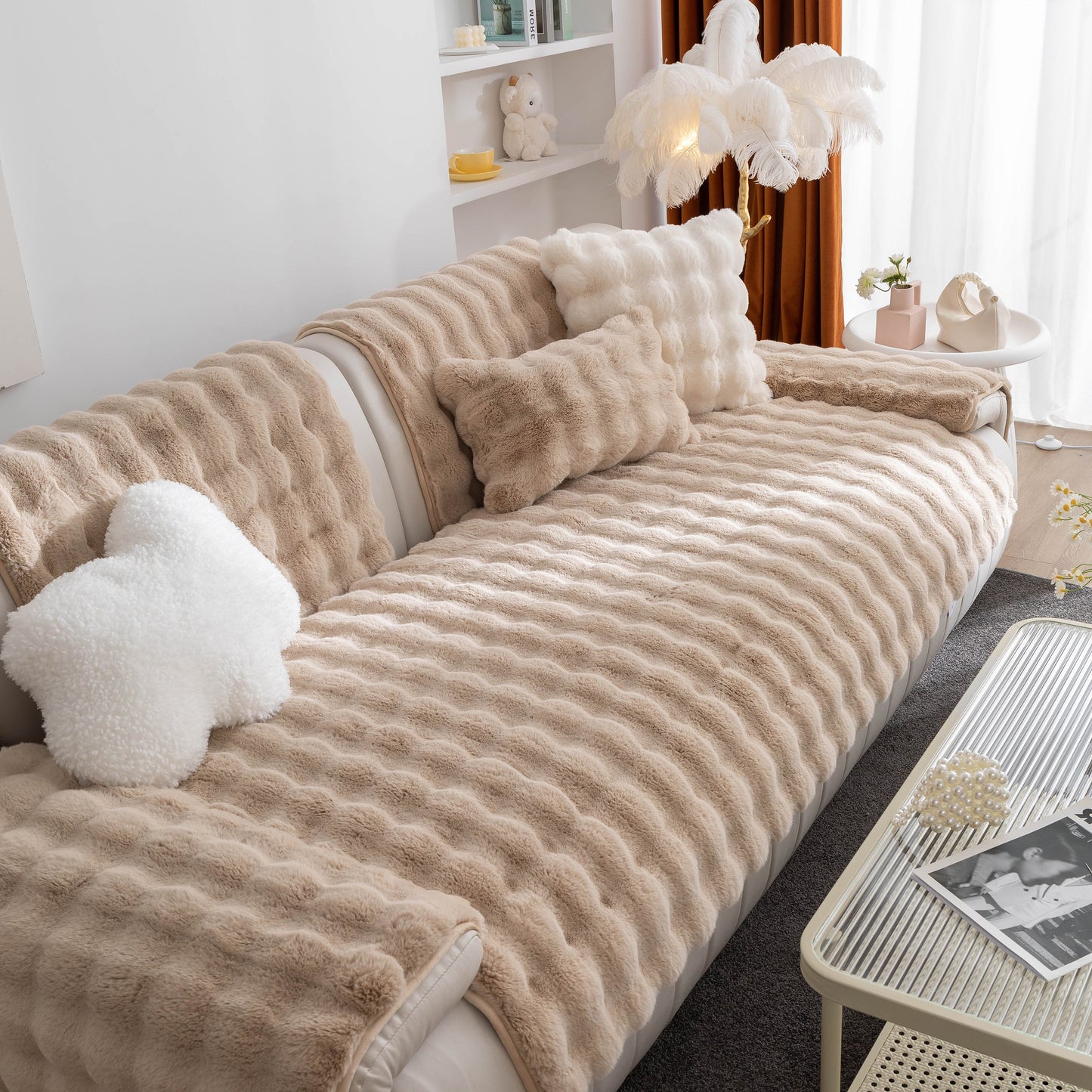 Thick Sofa Cushion Solid Color Faux Fur Fluffy Sofa Cushion Non-Slip Couch Covers in a cozy living room setting
