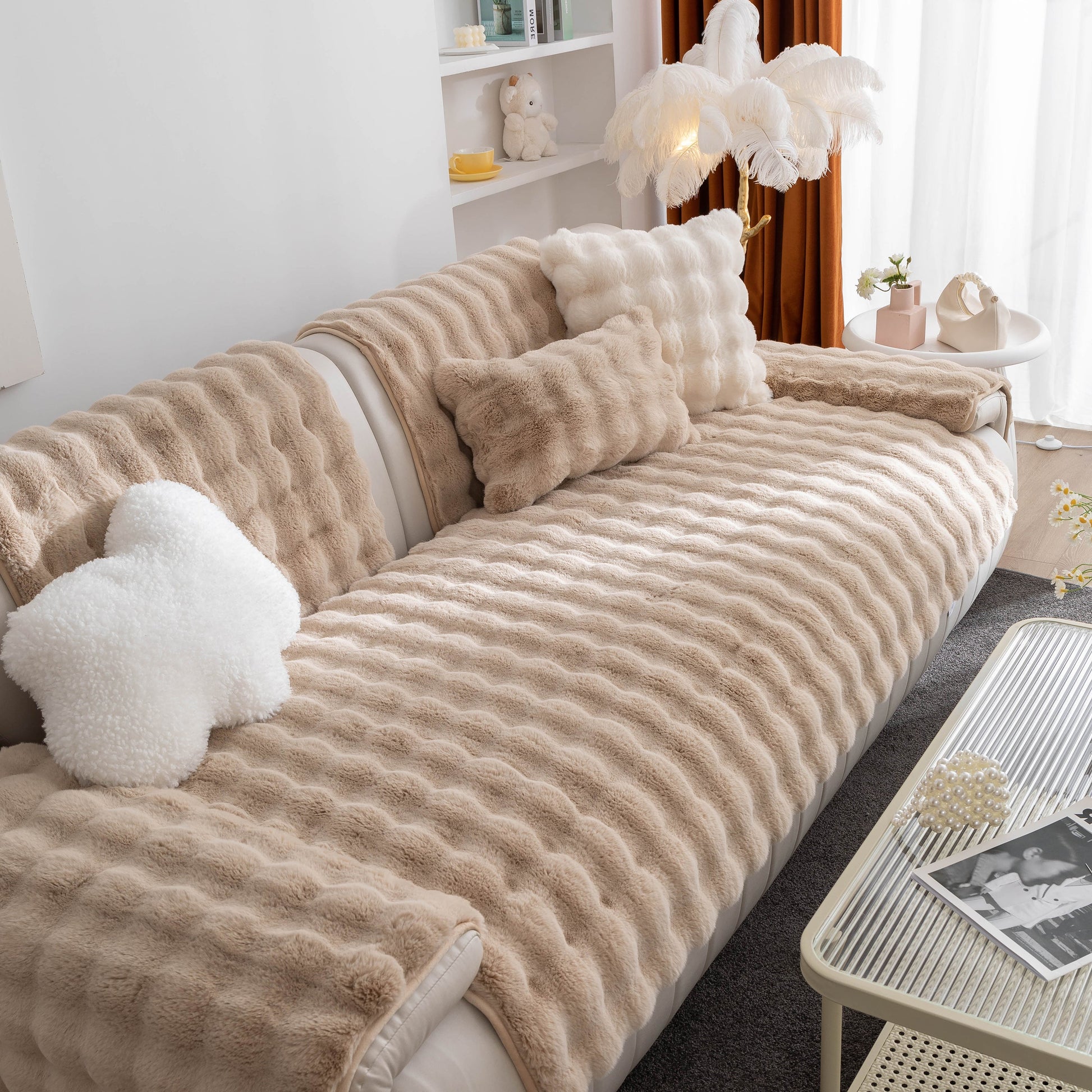 Thick Sofa Cushion Solid Color Faux Fur Fluffy Sofa Cushion Non-Slip Couch Covers in a cozy living room setting
