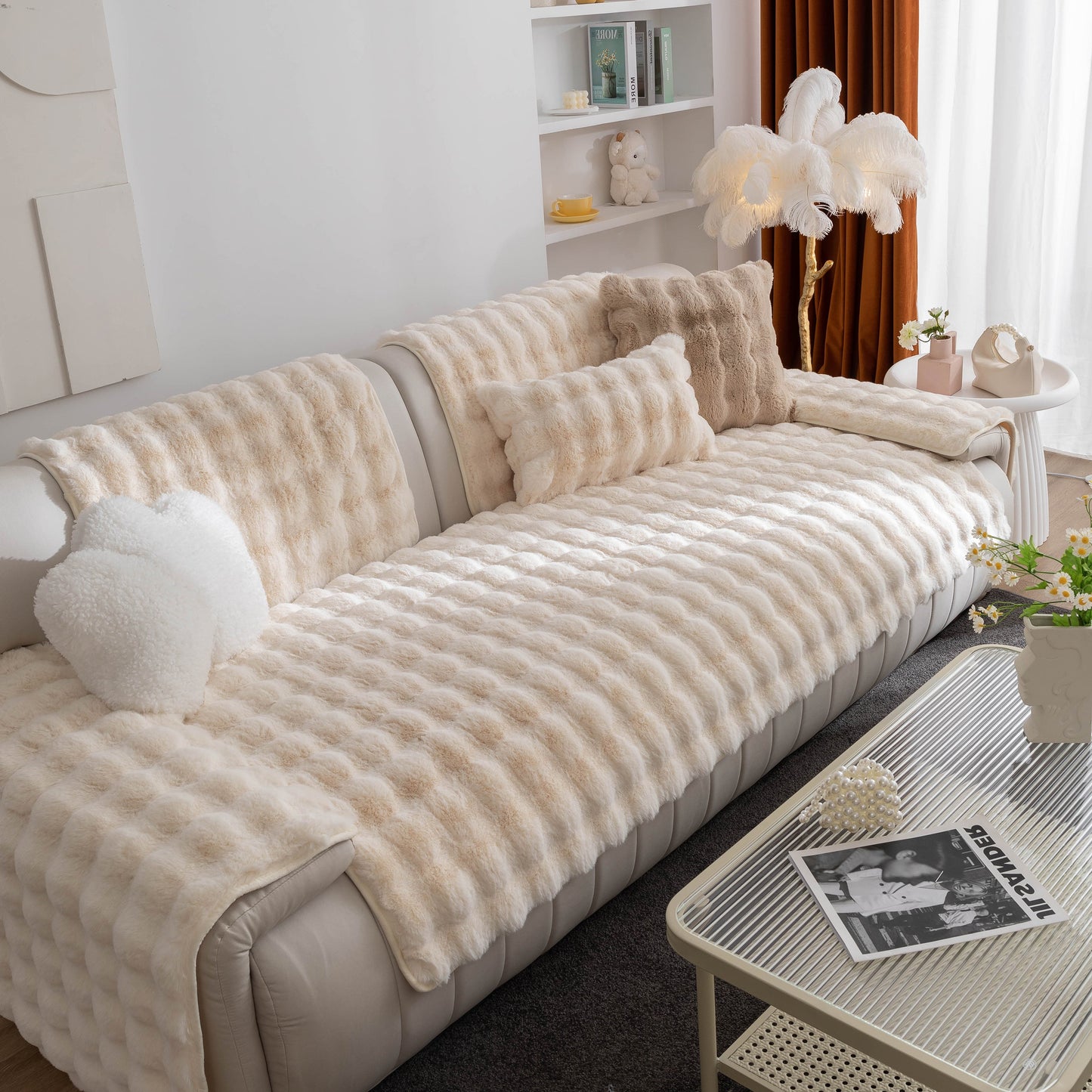 Thick Sofa Cushion Solid Color Faux Fur Fluffy Sofa Cushion Non-Slip Couch Covers on a modern living room sofa.