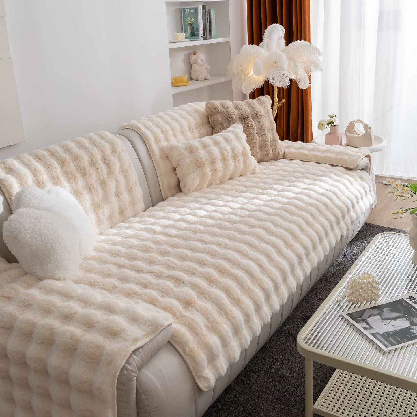 Thick Sofa Cushion Solid Color Faux Fur Fluffy Sofa Cushion Non-Slip Couch Covers in cozy living room setting