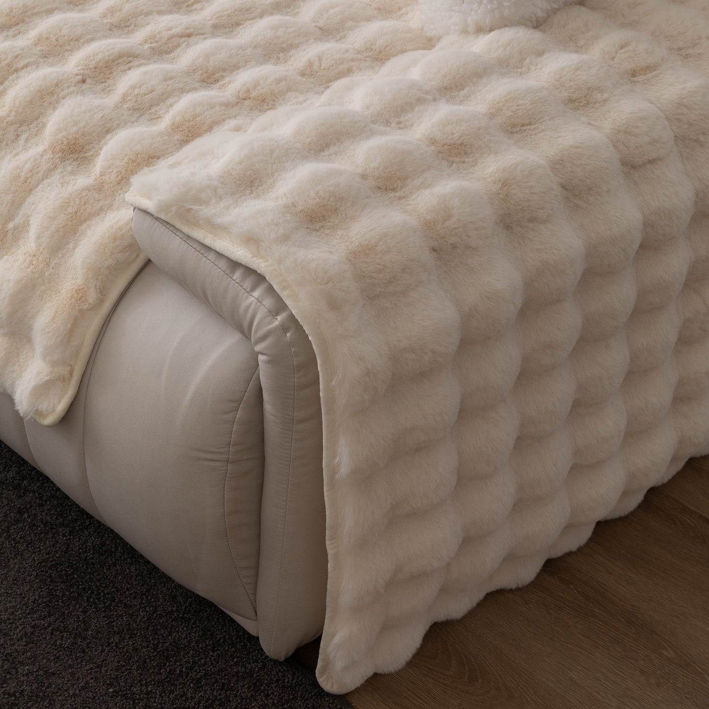 Thick Sofa Cushion Solid Color Faux Fur Fluffy Sofa Cushion Non-Slip Couch Covers on a beige couch