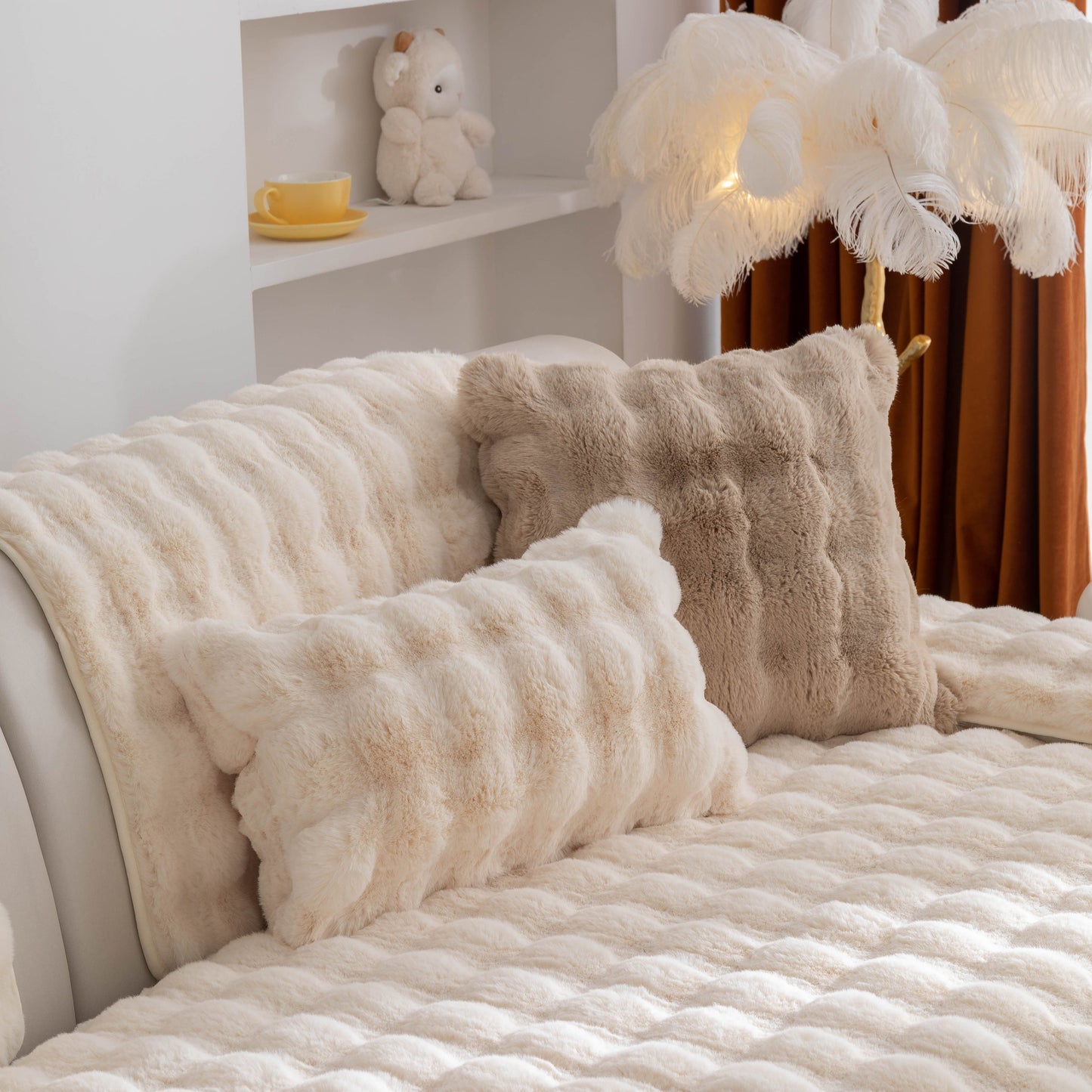 Thick Sofa Cushion Solid Color Faux Fur Fluffy Sofa Cushion Non-Slip Couch Covers on a plush sofa with decorative pillows.