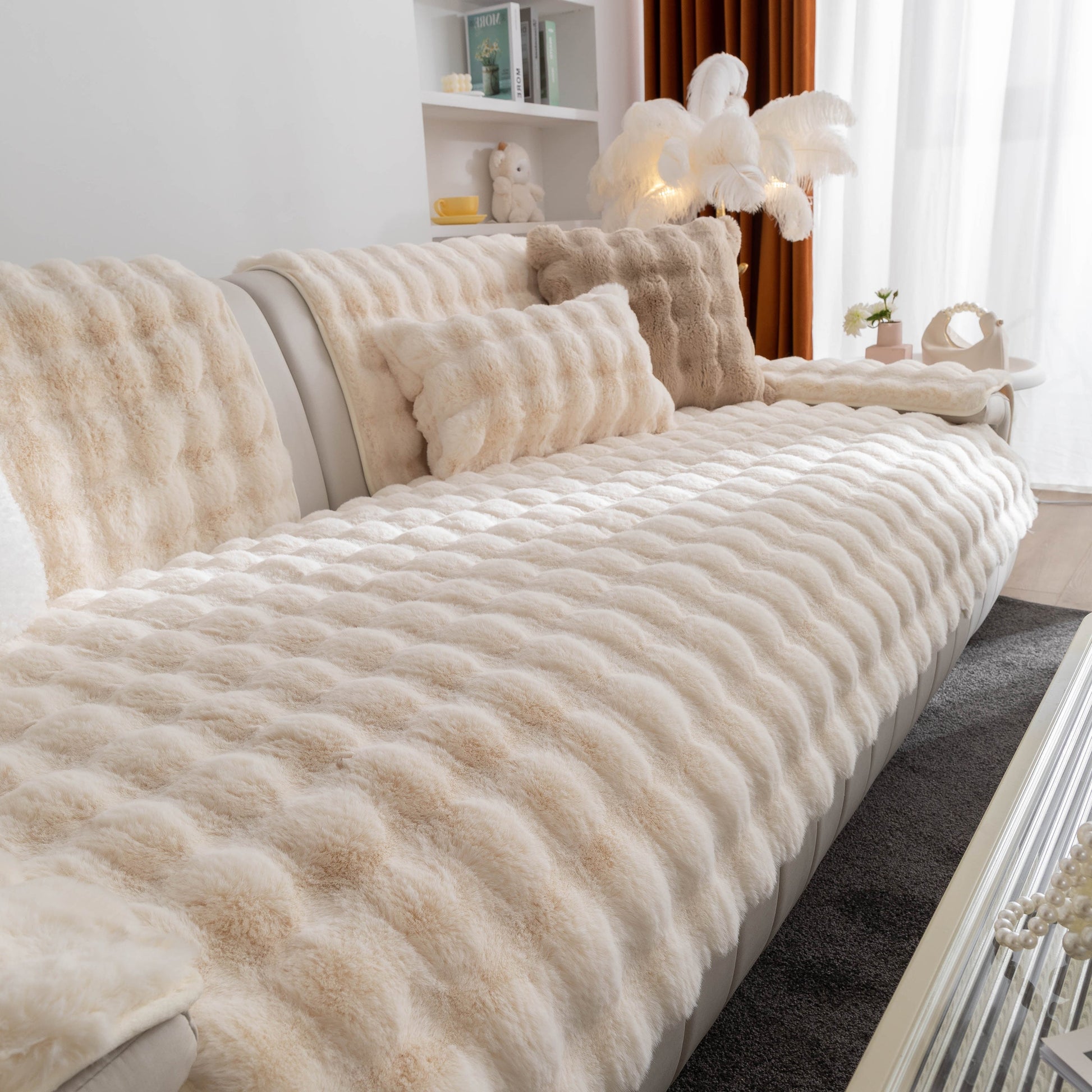 Thick Sofa Cushion Solid Color Faux Fur Fluffy Sofa Cushion Non-Slip Couch Covers enhancing cozy living space decor